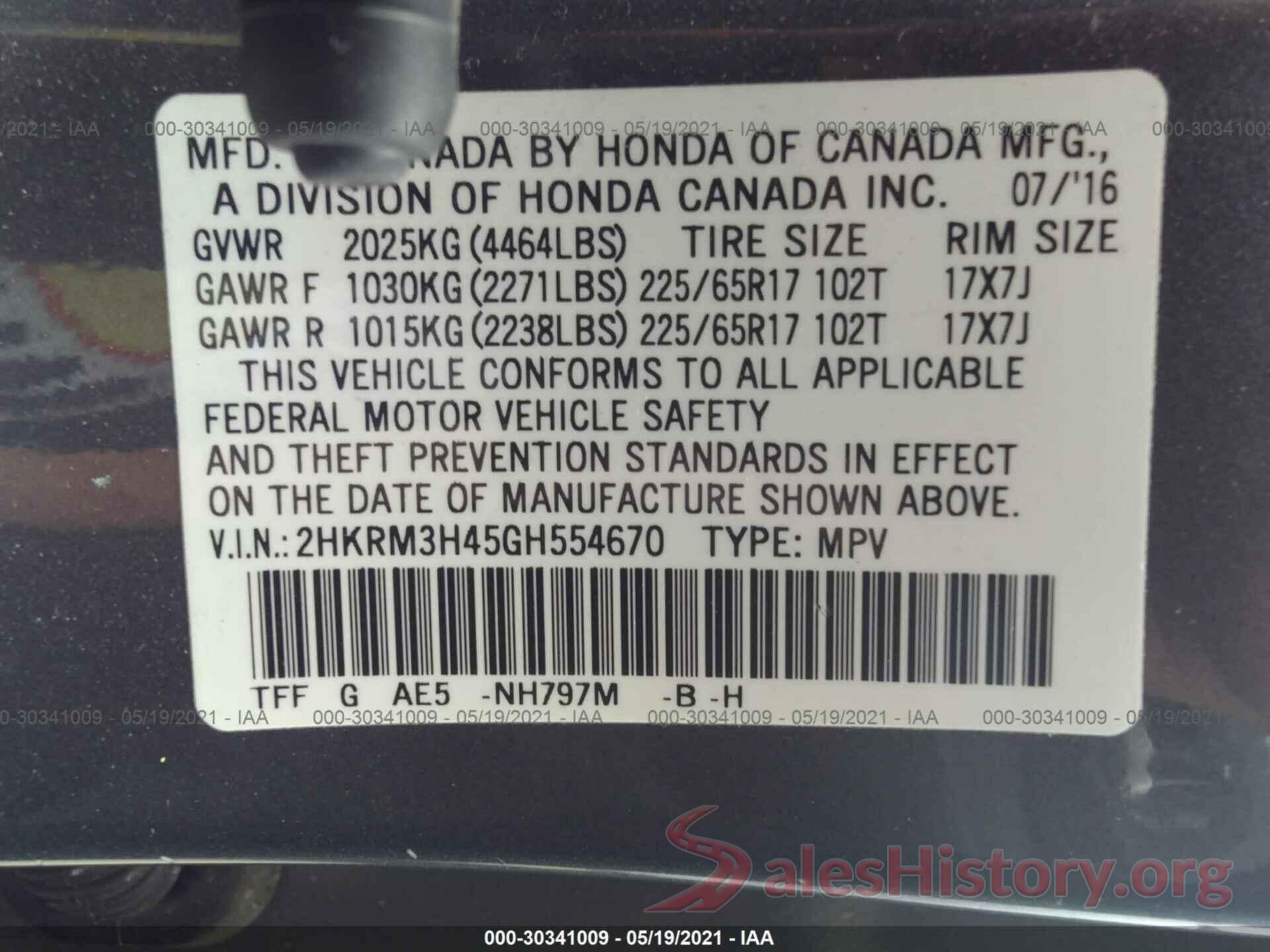 2HKRM3H45GH554670 2016 HONDA CR-V