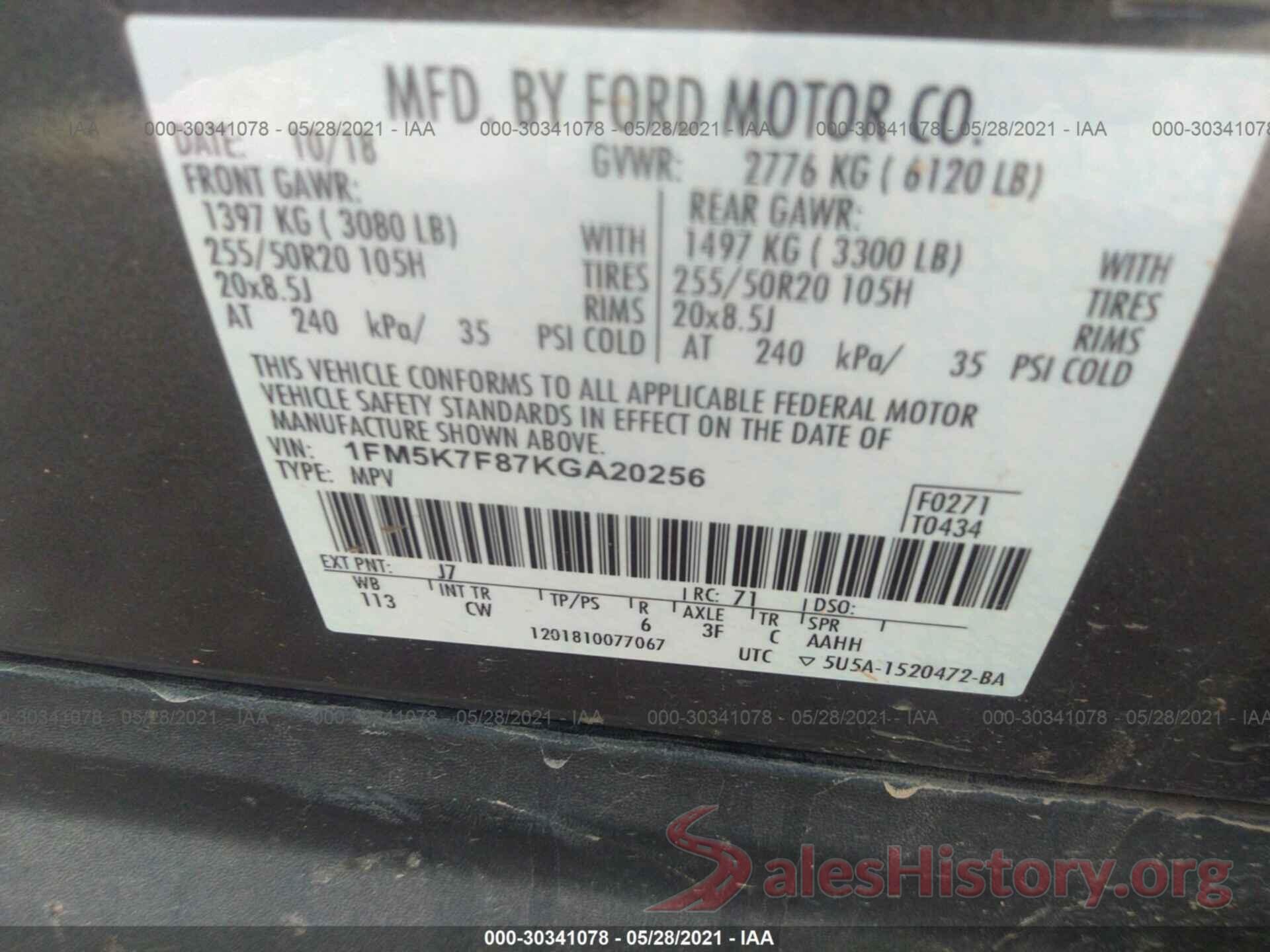 1FM5K7F87KGA20256 2019 FORD EXPLORER