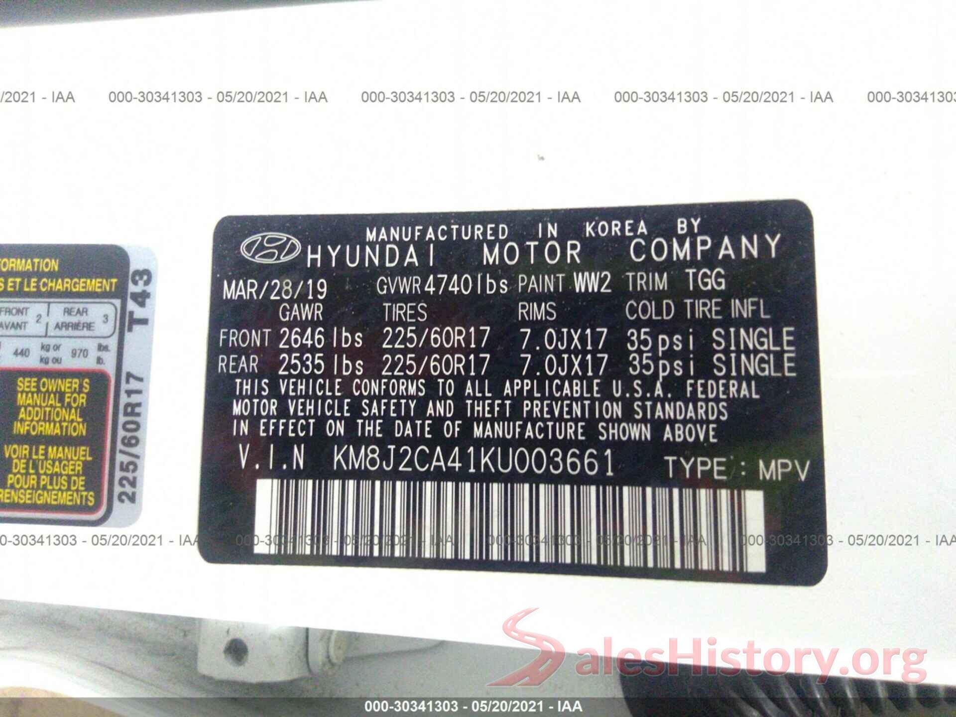 KM8J2CA41KU003661 2019 HYUNDAI TUCSON