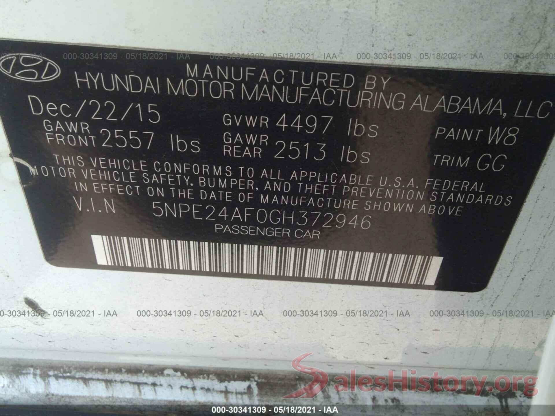 5NPE24AF0GH372946 2016 HYUNDAI SONATA