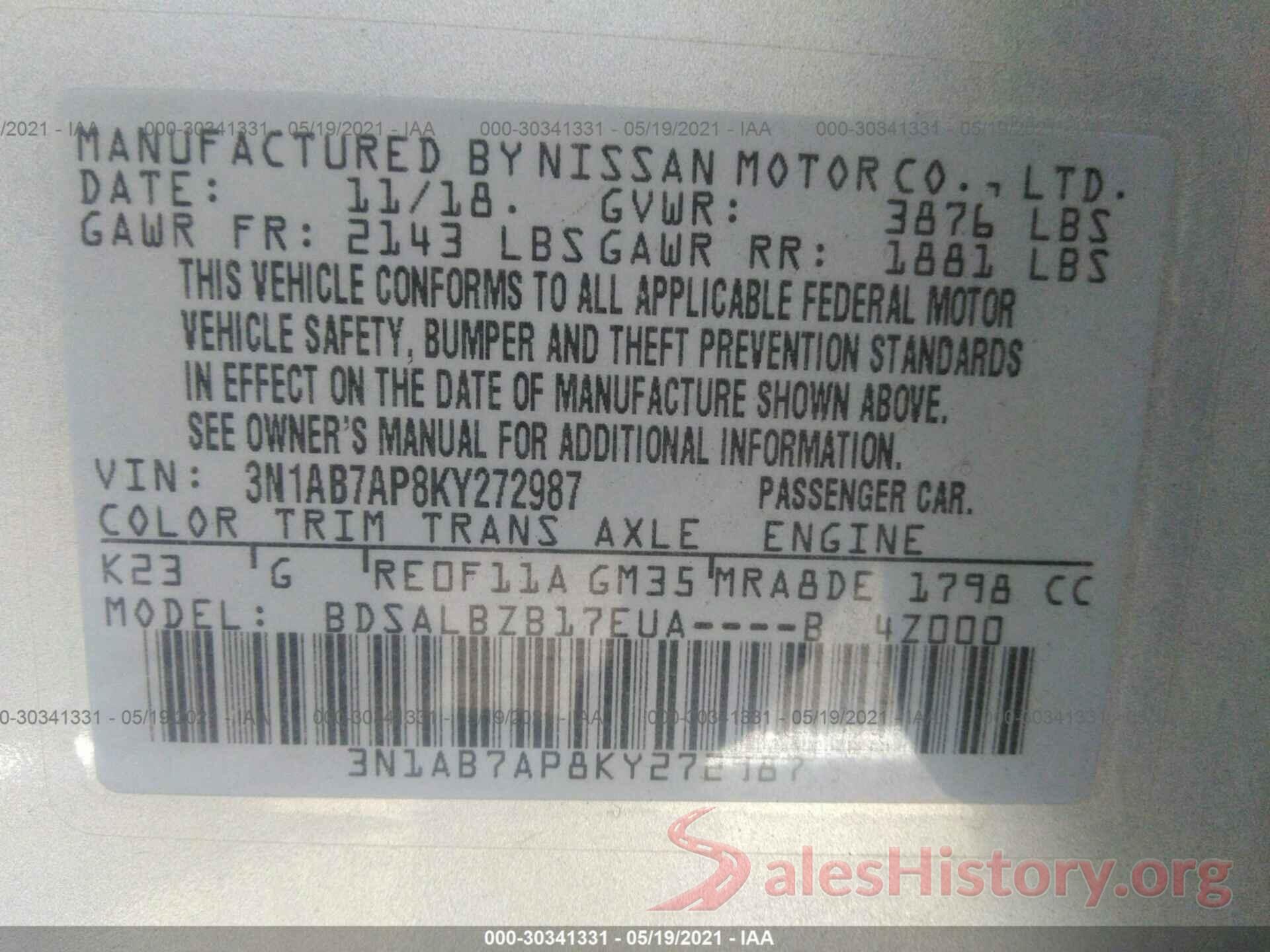 3N1AB7AP8KY272987 2019 NISSAN SENTRA