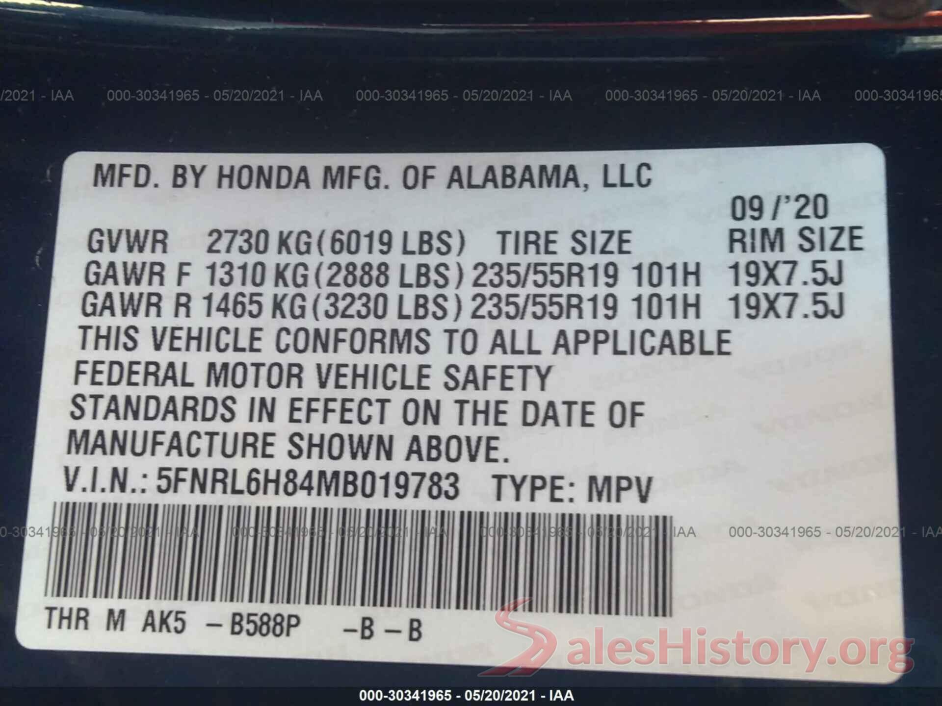 5FNRL6H84MB019783 2021 HONDA ODYSSEY