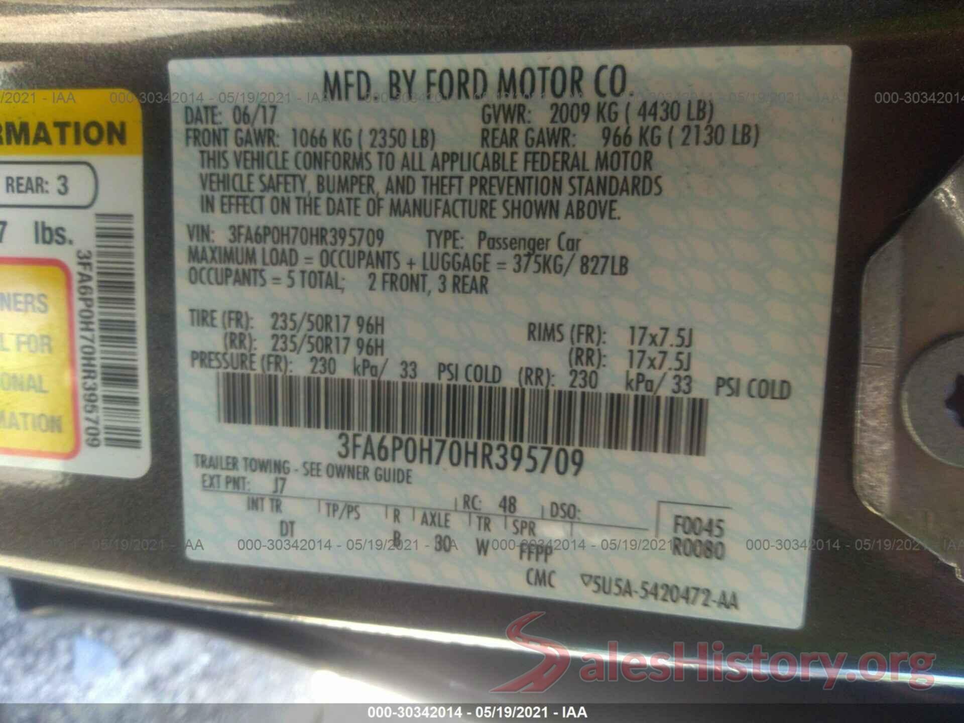 3FA6P0H70HR395709 2017 FORD FUSION