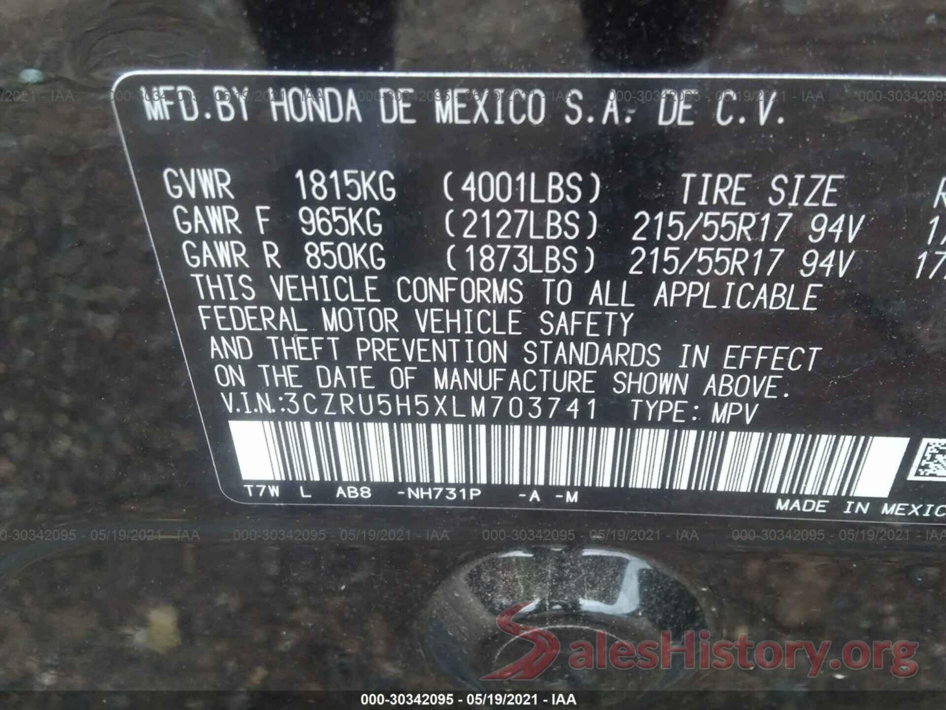 3CZRU5H5XLM703741 2020 HONDA HR-V