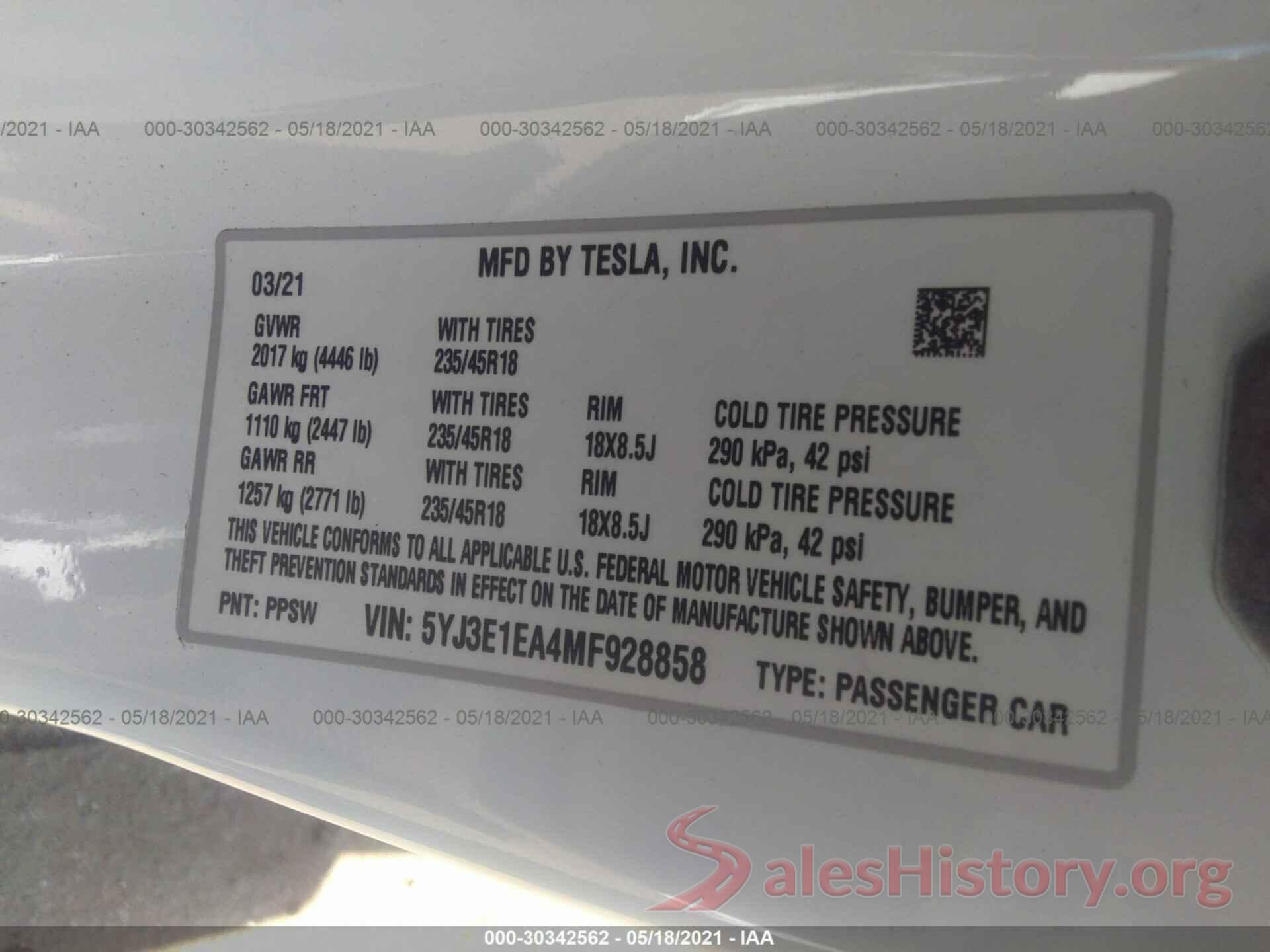 5YJ3E1EA4MF928858 2021 TESLA MODEL 3