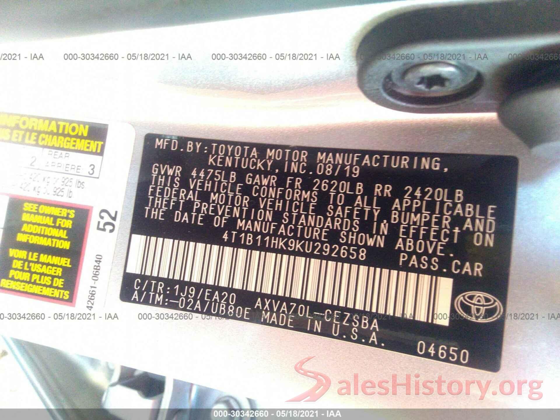 4T1B11HK9KU292658 2019 TOYOTA CAMRY