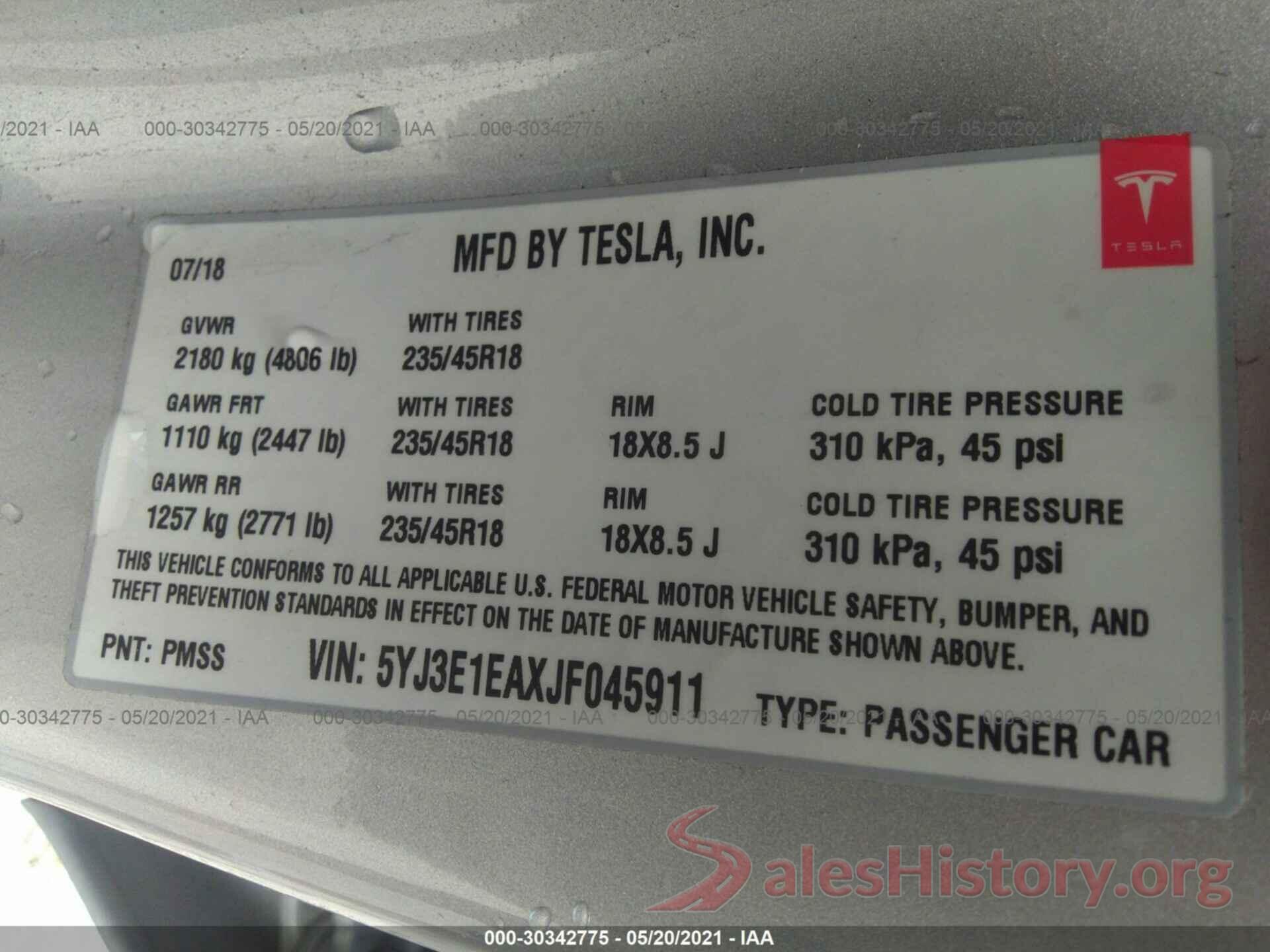 5YJ3E1EAXJF045911 2018 TESLA MODEL 3