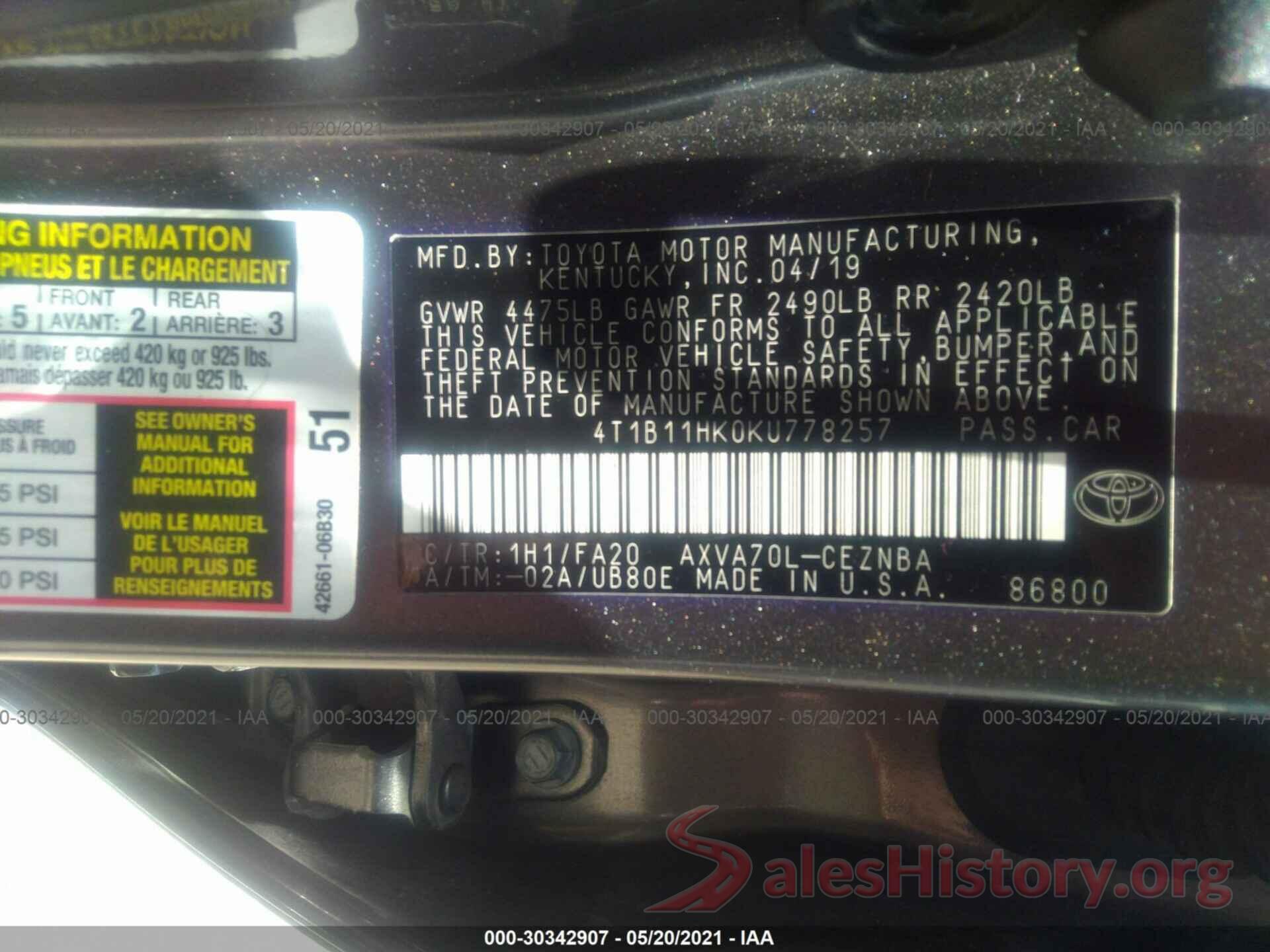 4T1B11HK0KU778257 2019 TOYOTA CAMRY