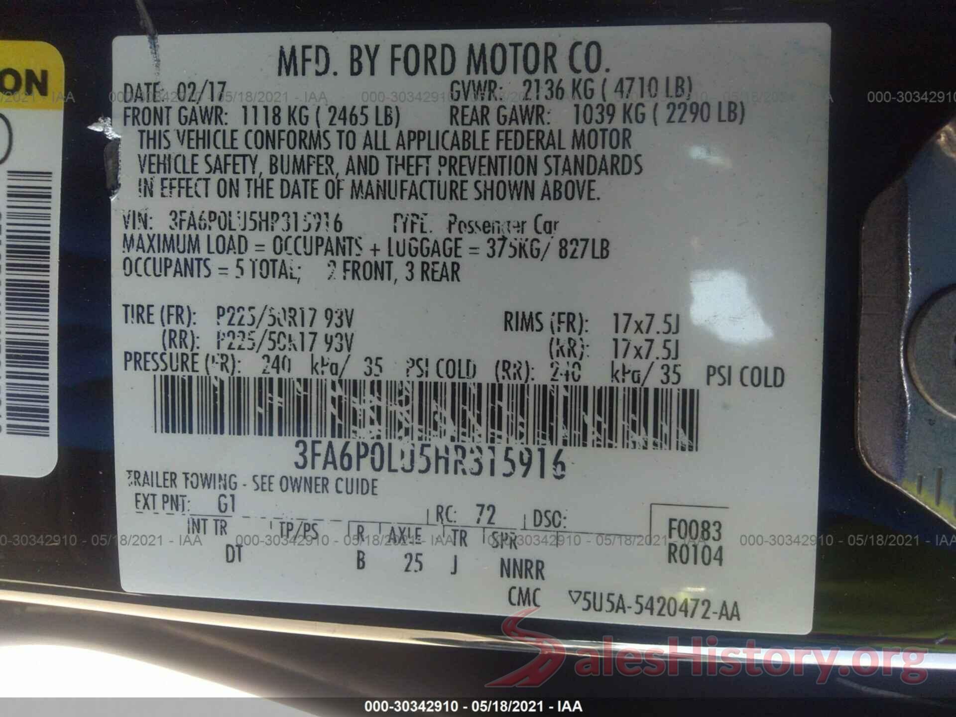 3FA6P0LU5HR315916 2017 FORD FUSION