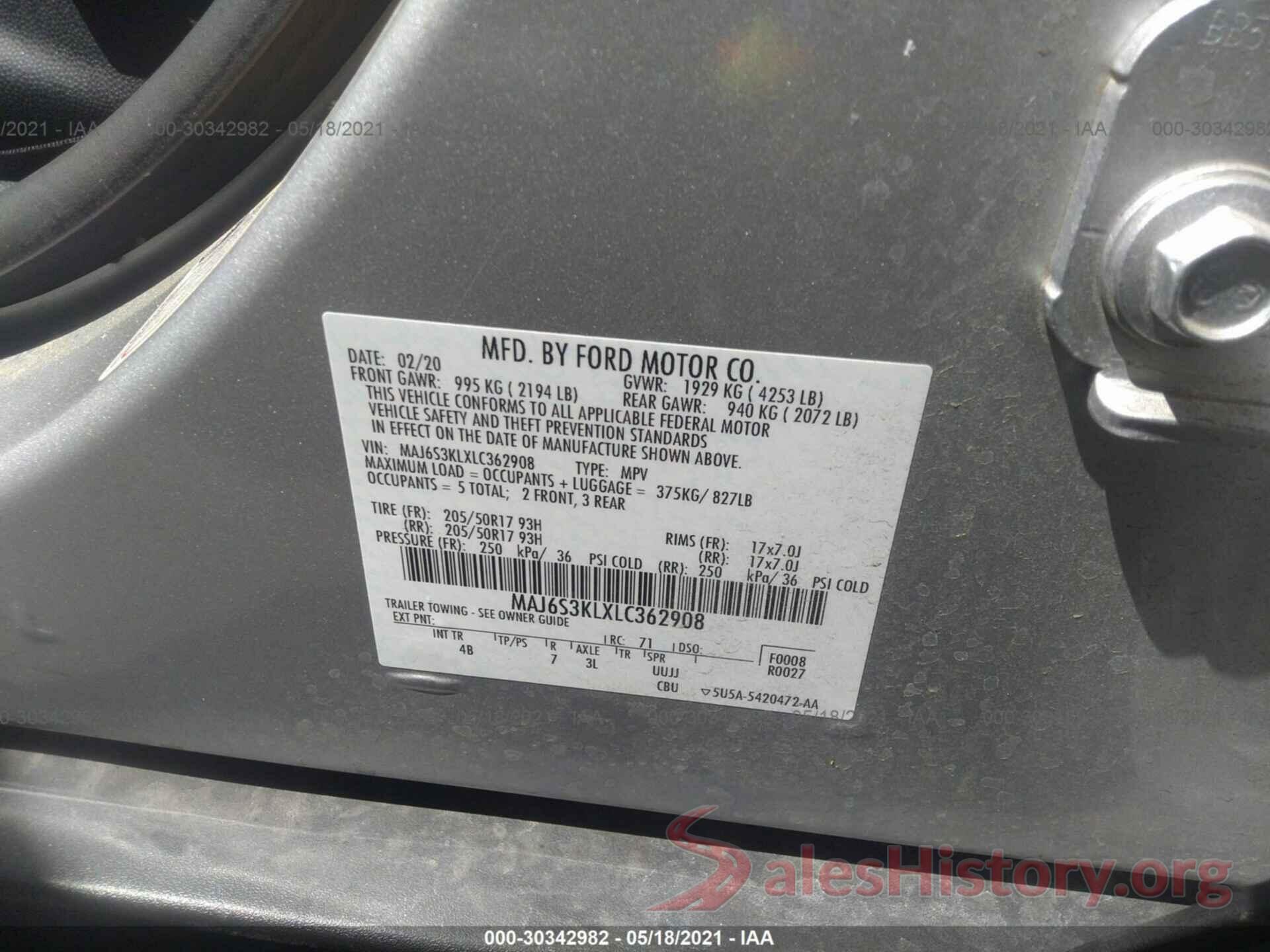 MAJ6S3KLXLC362908 2020 FORD ECOSPORT