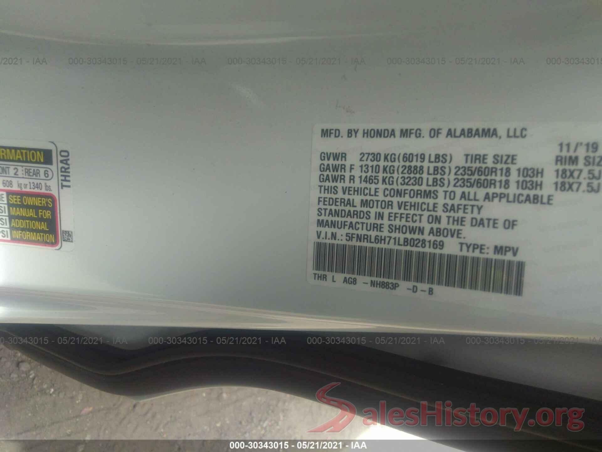 5FNRL6H71LB028169 2020 HONDA ODYSSEY