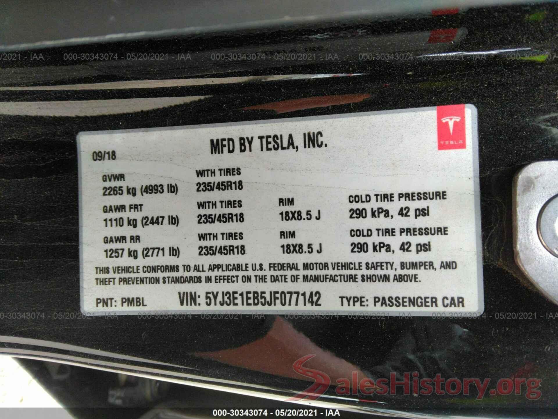 5YJ3E1EB5JF077142 2018 TESLA MODEL 3