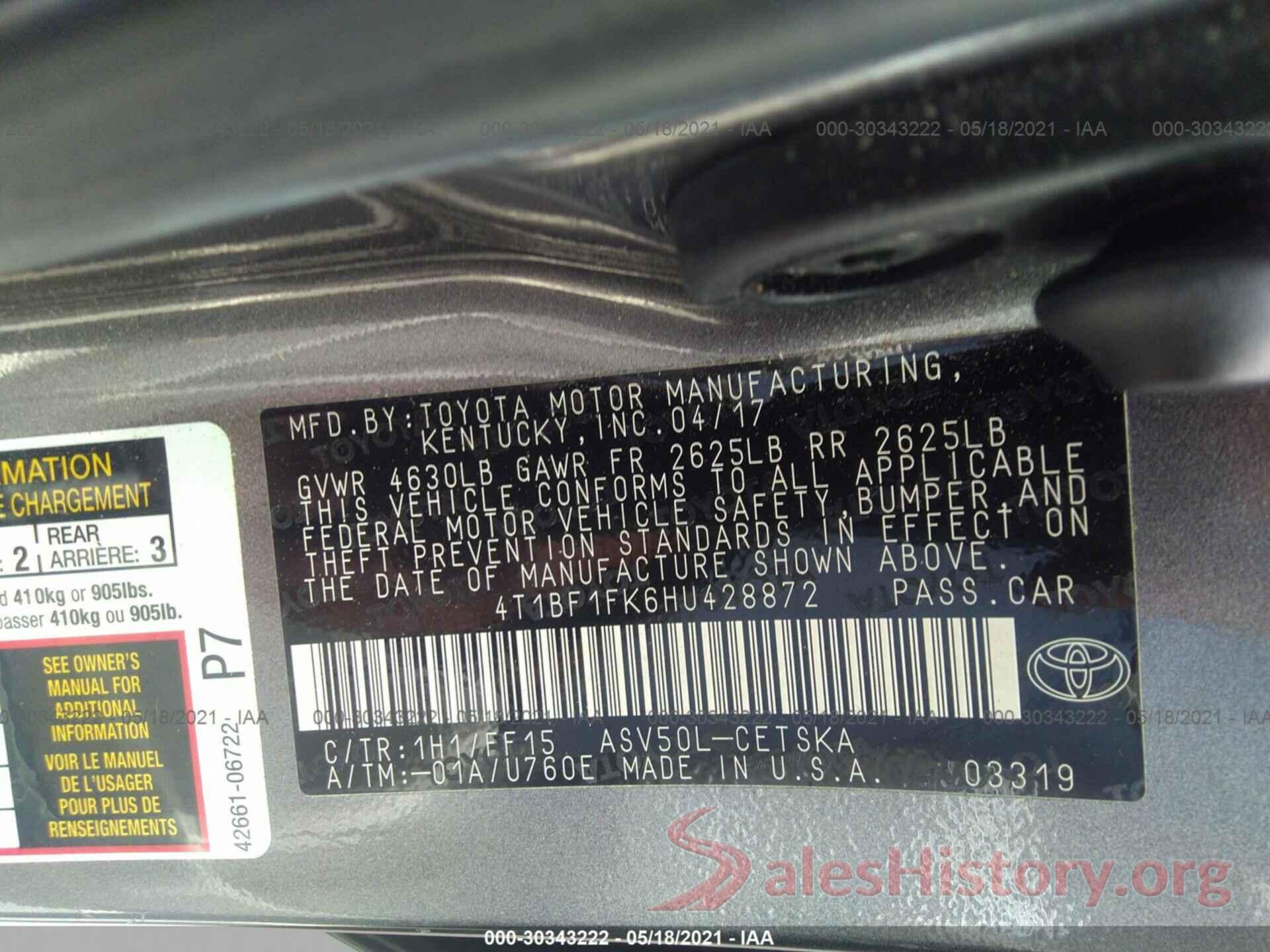 4T1BF1FK6HU428872 2017 TOYOTA CAMRY