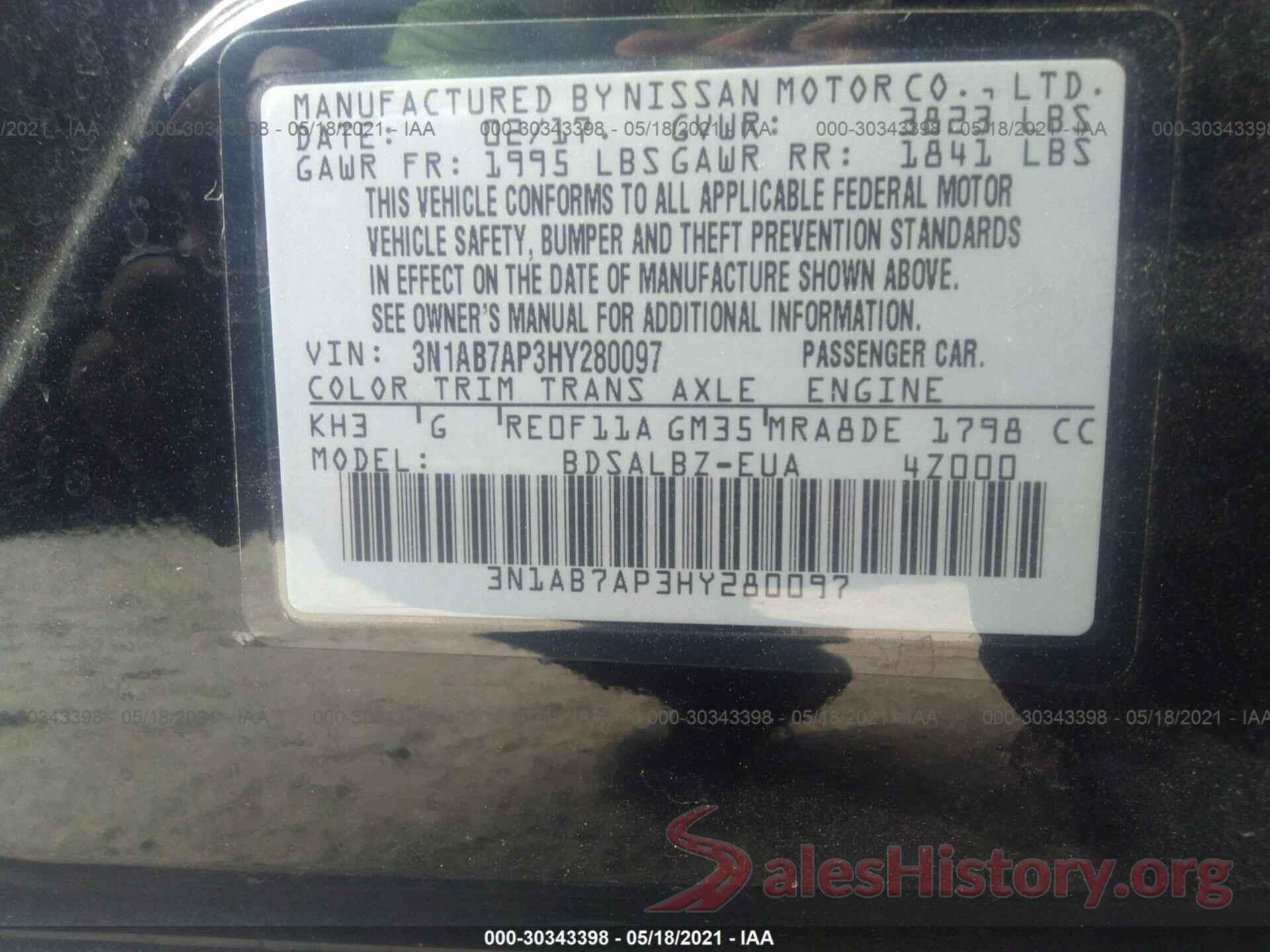 3N1AB7AP3HY280097 2017 NISSAN SENTRA