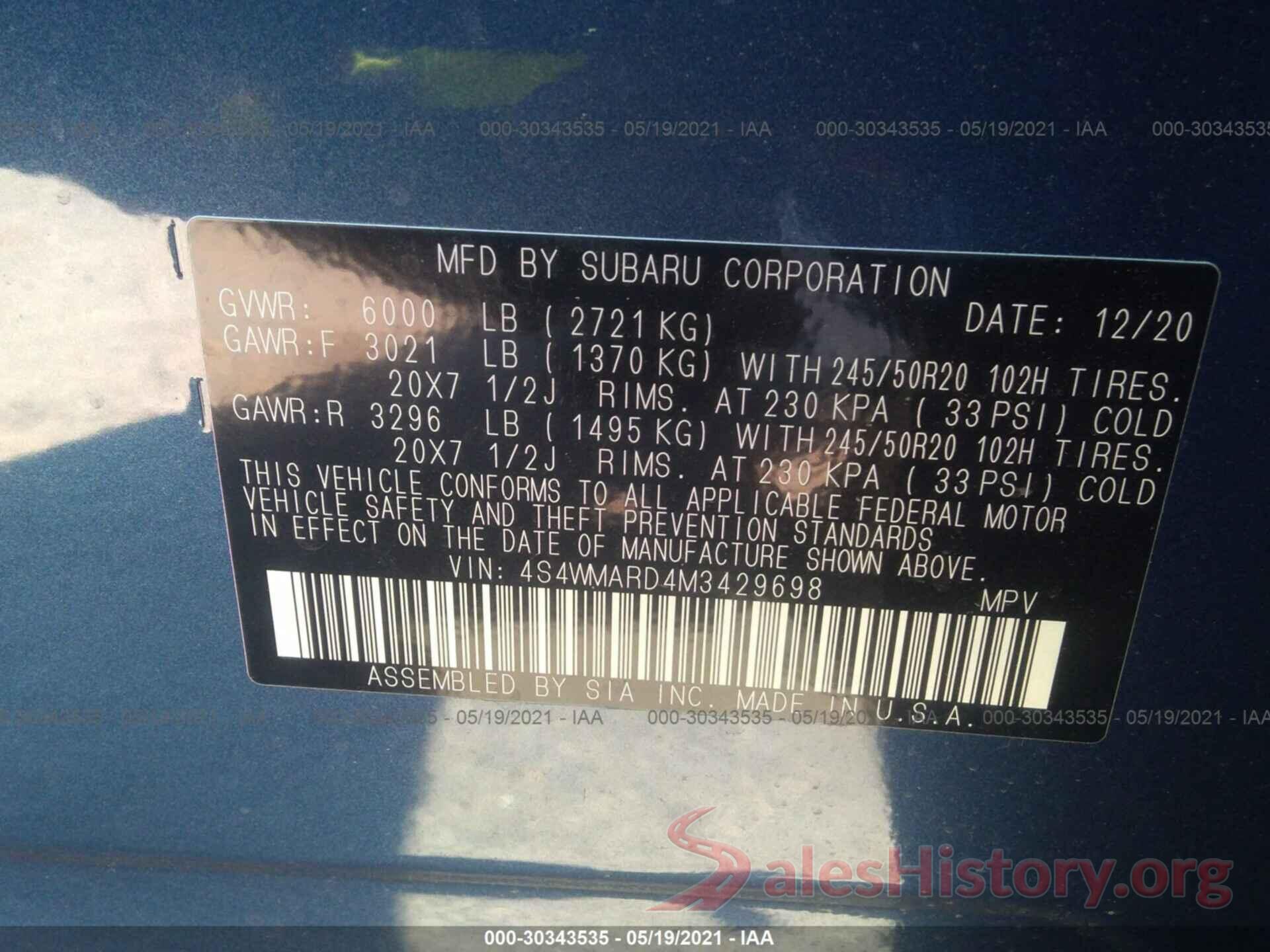 4S4WMARD4M3429698 2021 SUBARU ASCENT