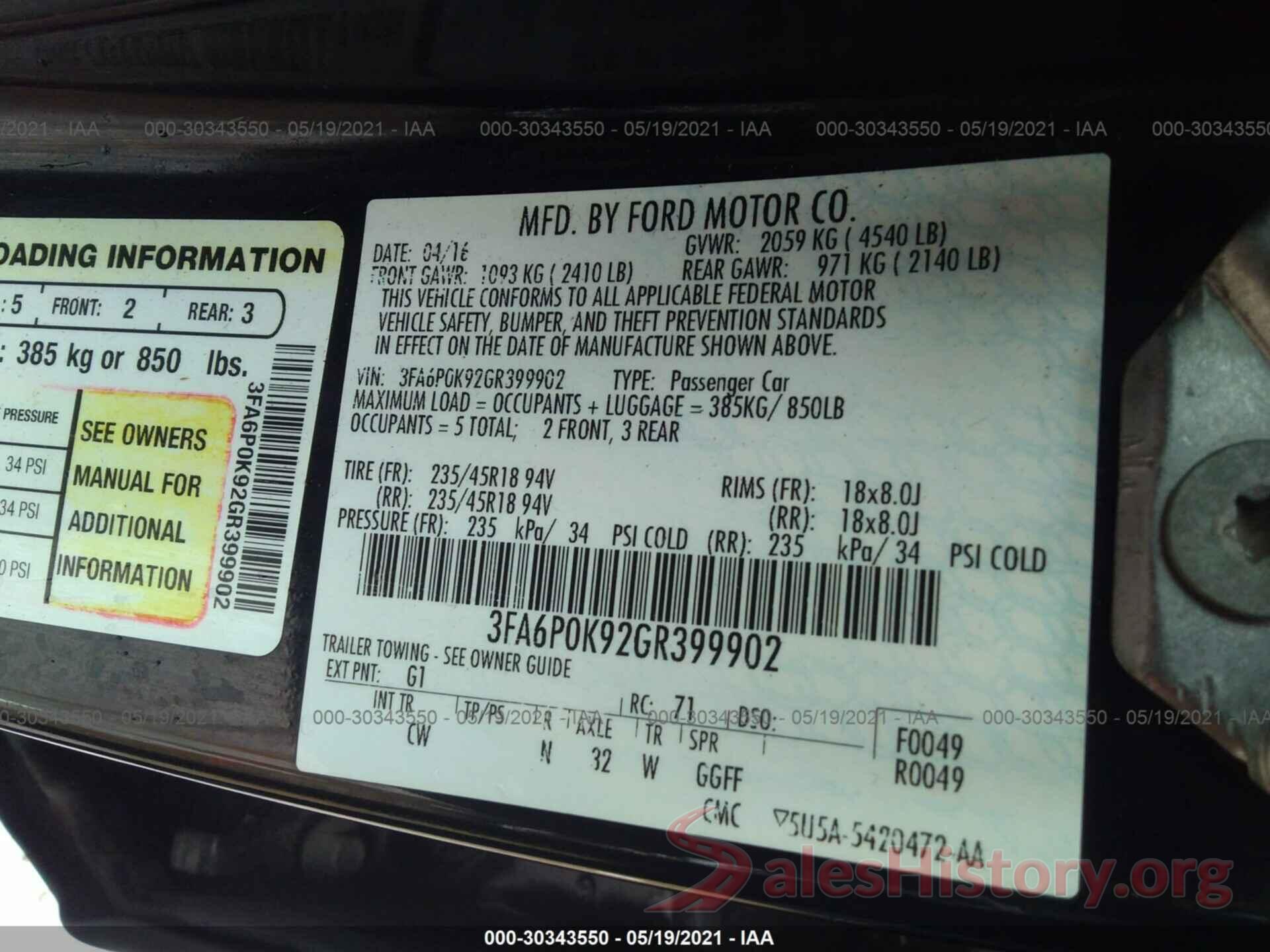 3FA6P0K92GR399902 2016 FORD FUSION