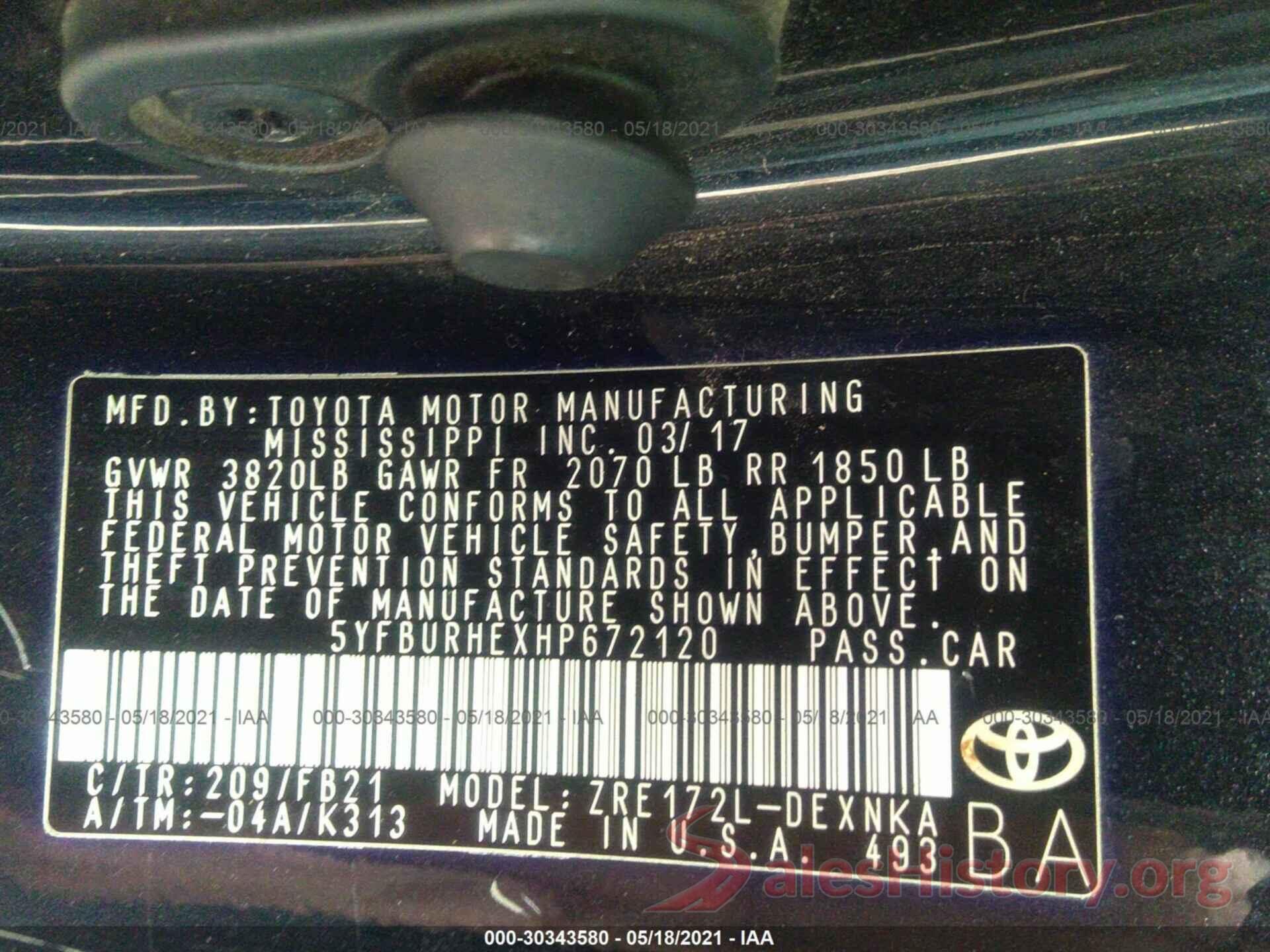 5YFBURHEXHP672120 2017 TOYOTA COROLLA