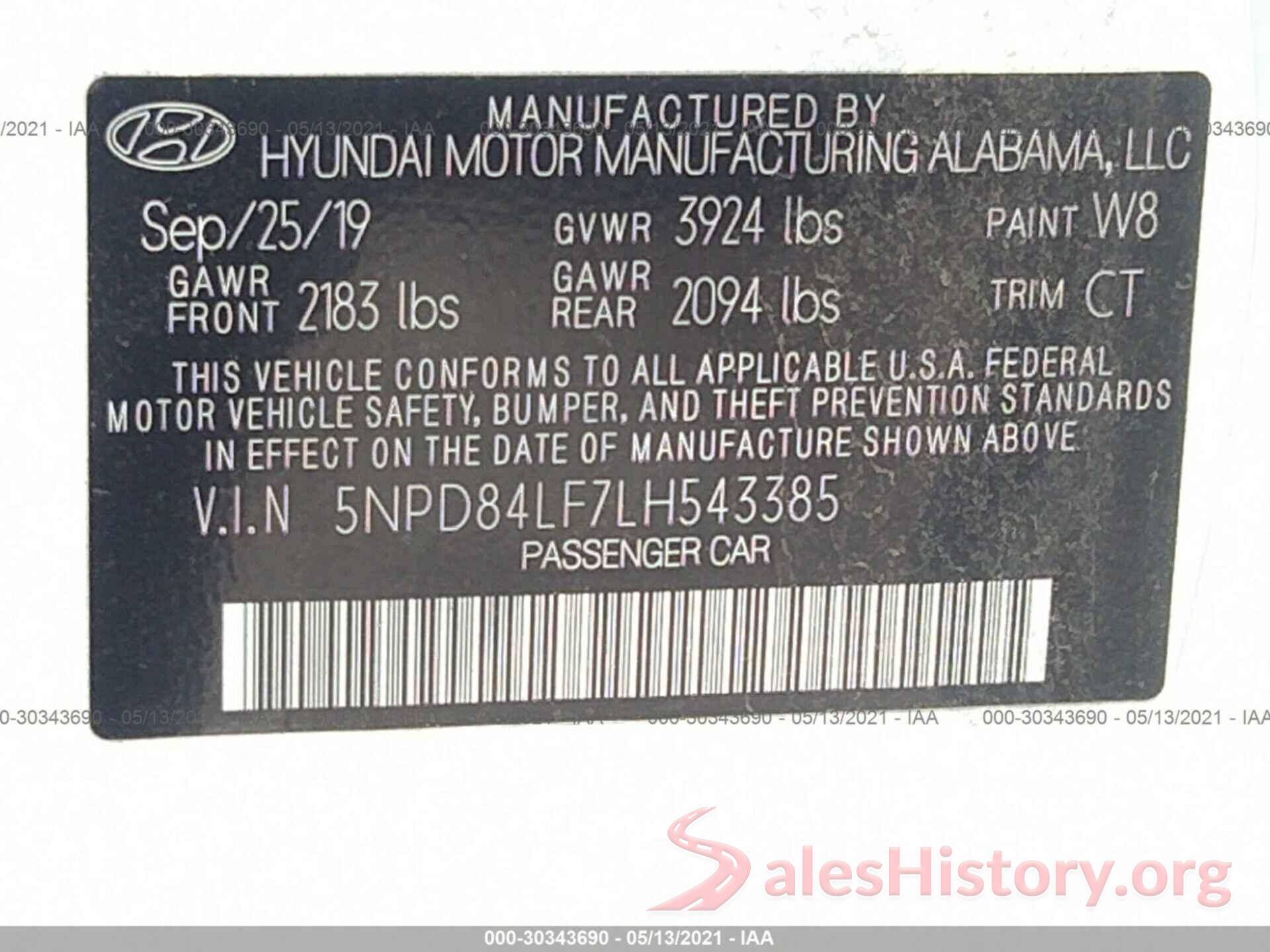 5NPD84LF7LH543385 2020 HYUNDAI ELANTRA