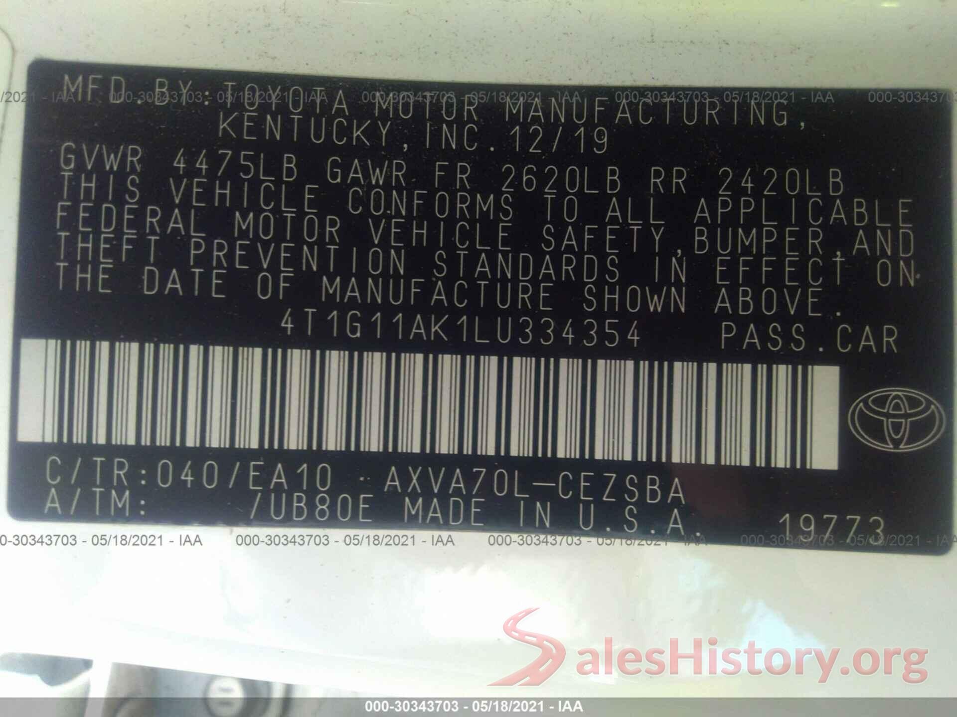 4T1G11AK1LU334354 2020 TOYOTA CAMRY