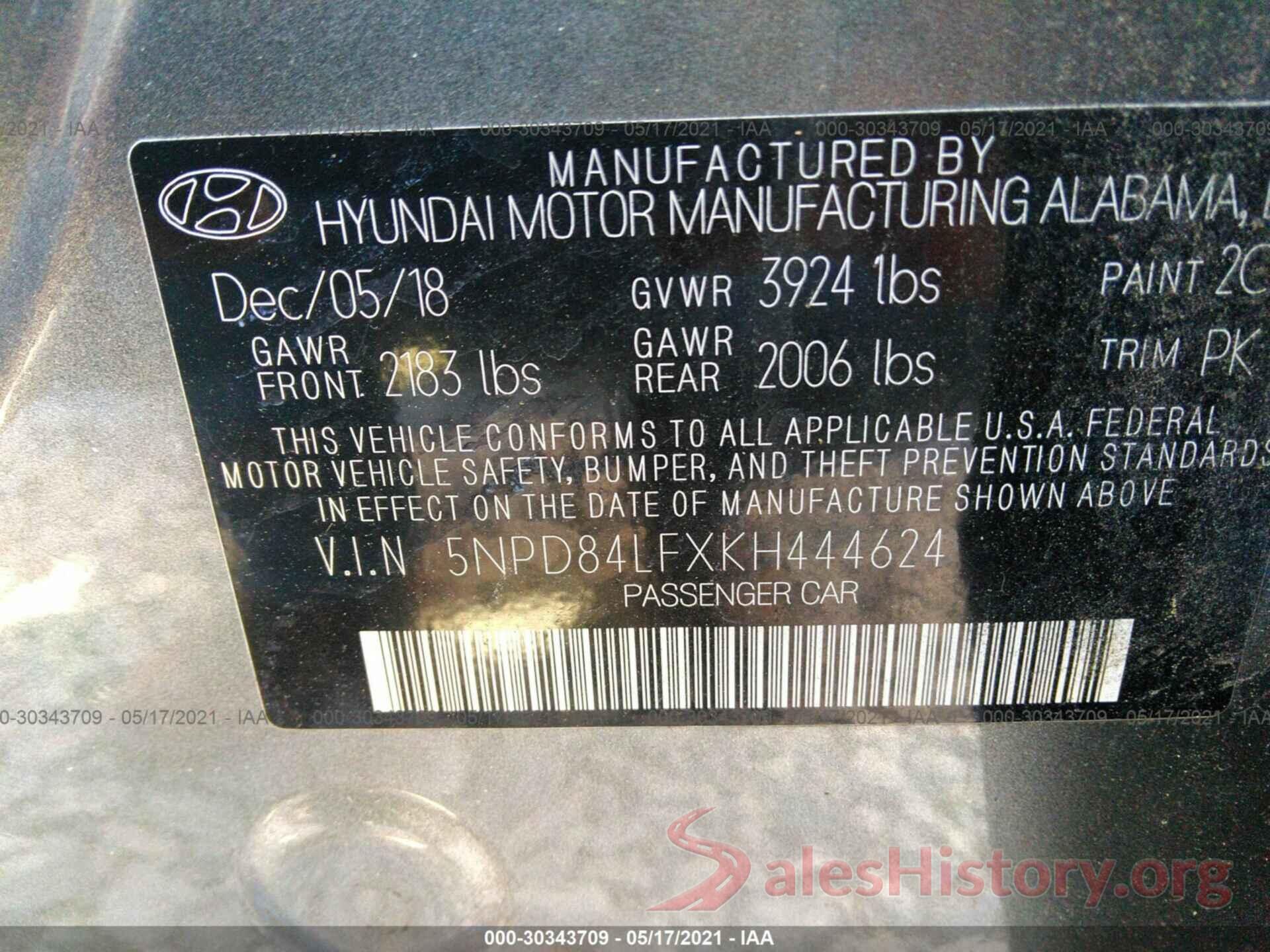 5NPD84LFXKH444624 2019 HYUNDAI ELANTRA