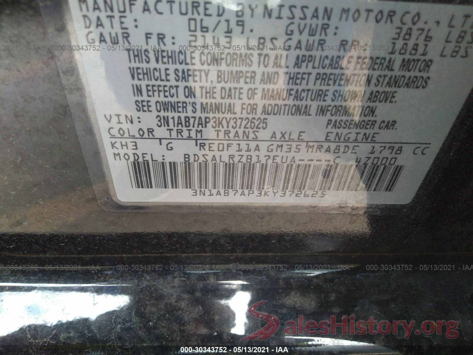 3N1AB7AP3KY372625 2019 NISSAN SENTRA