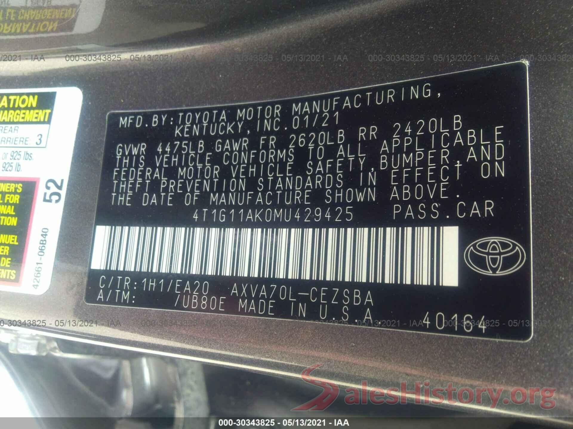 4T1G11AK0MU429425 2021 TOYOTA CAMRY