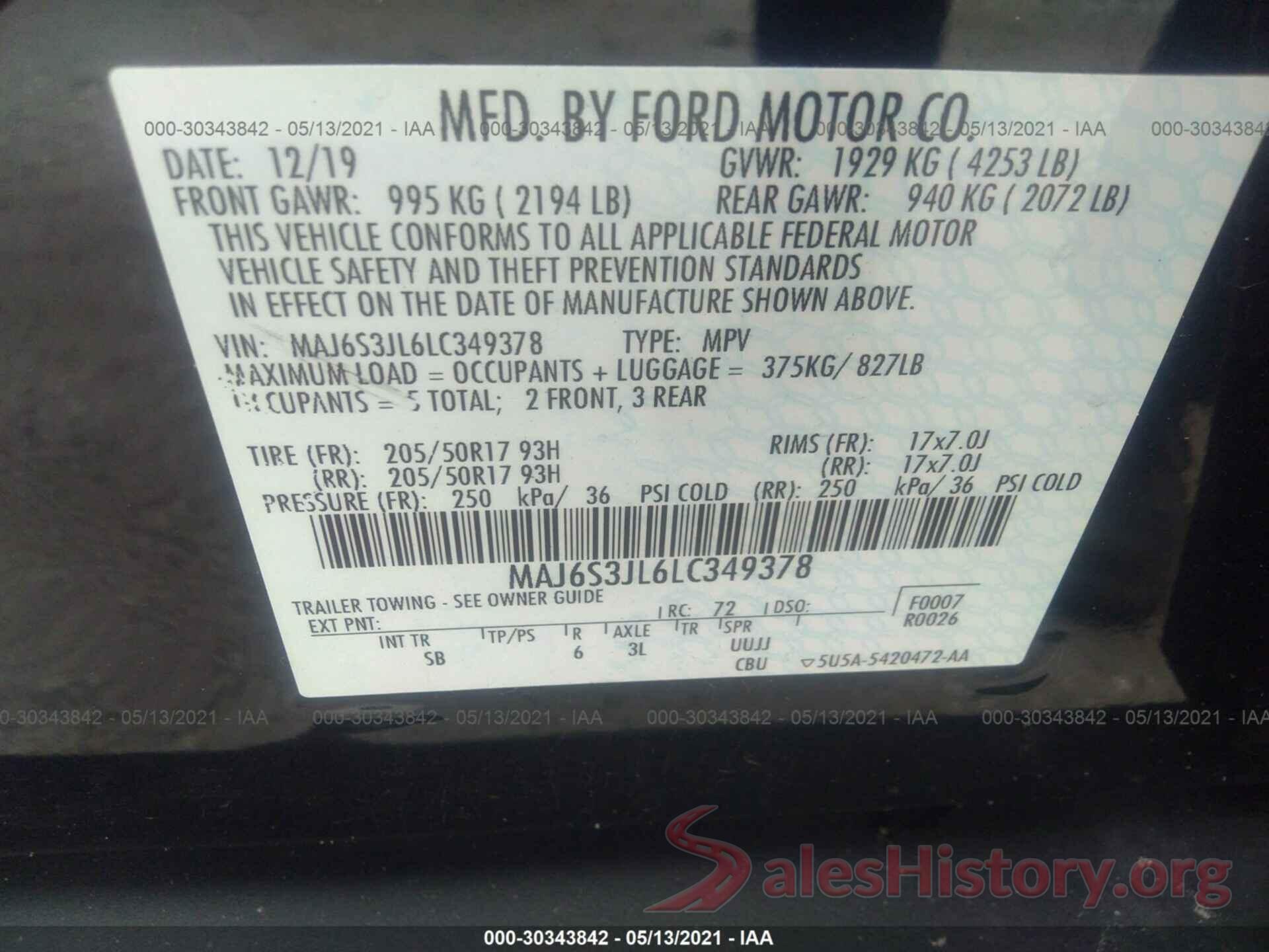 MAJ6S3JL6LC349378 2020 FORD ECOSPORT