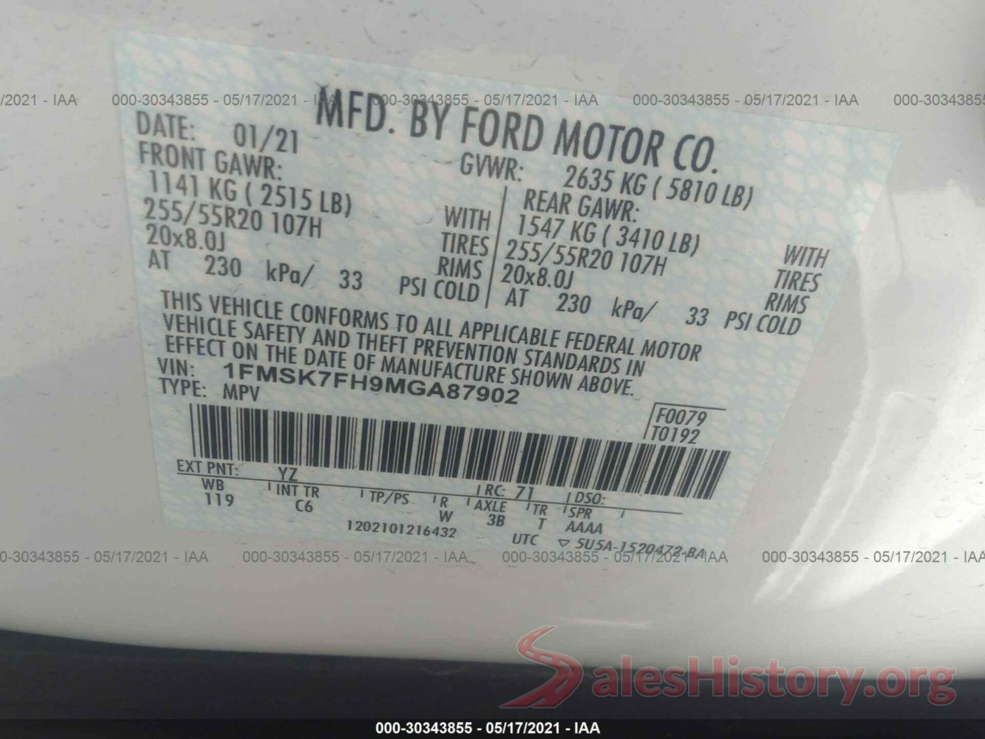 1FMSK7FH9MGA87902 2021 FORD EXPLORER