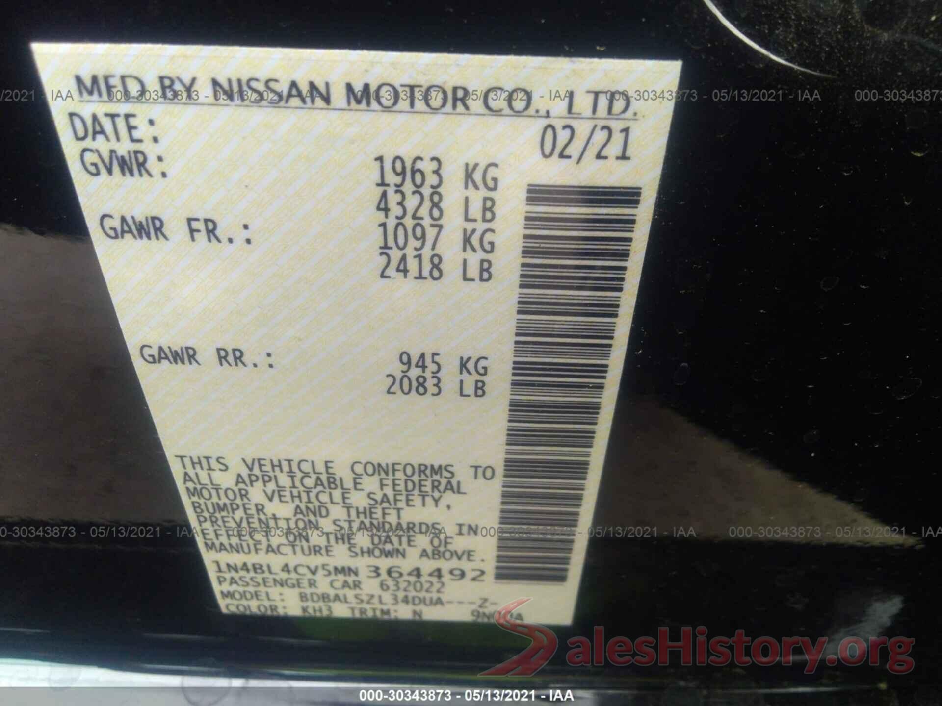 1N4BL4CV5MN364492 2021 NISSAN ALTIMA