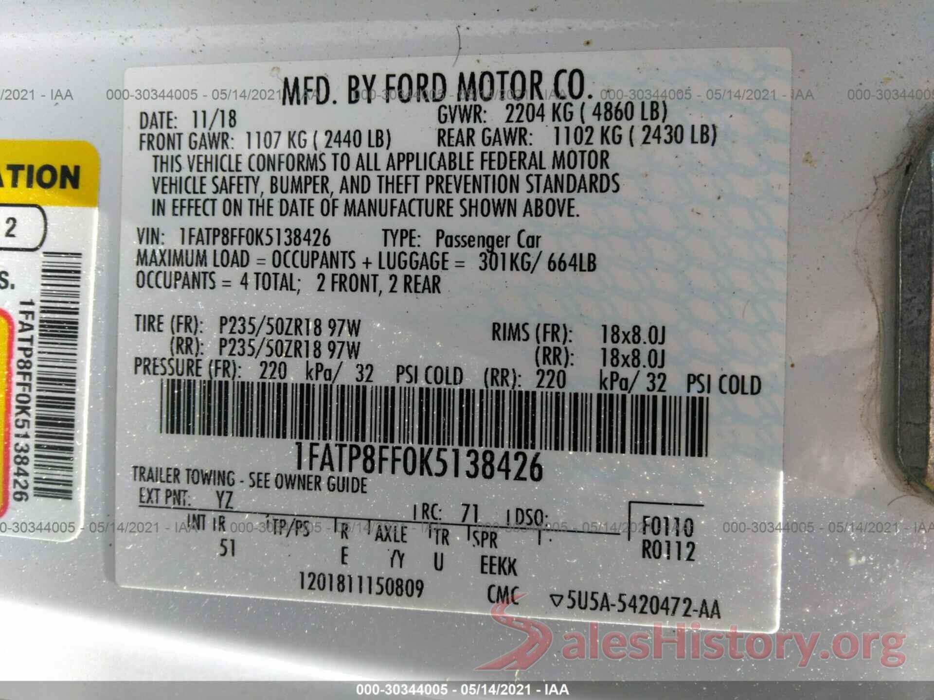 1FATP8FF0K5138426 2019 FORD MUSTANG