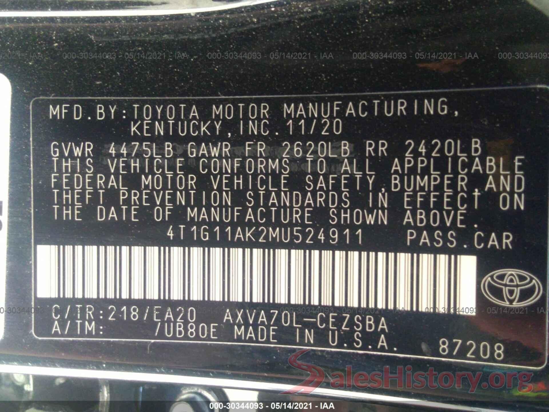 4T1G11AK2MU524911 2021 TOYOTA CAMRY