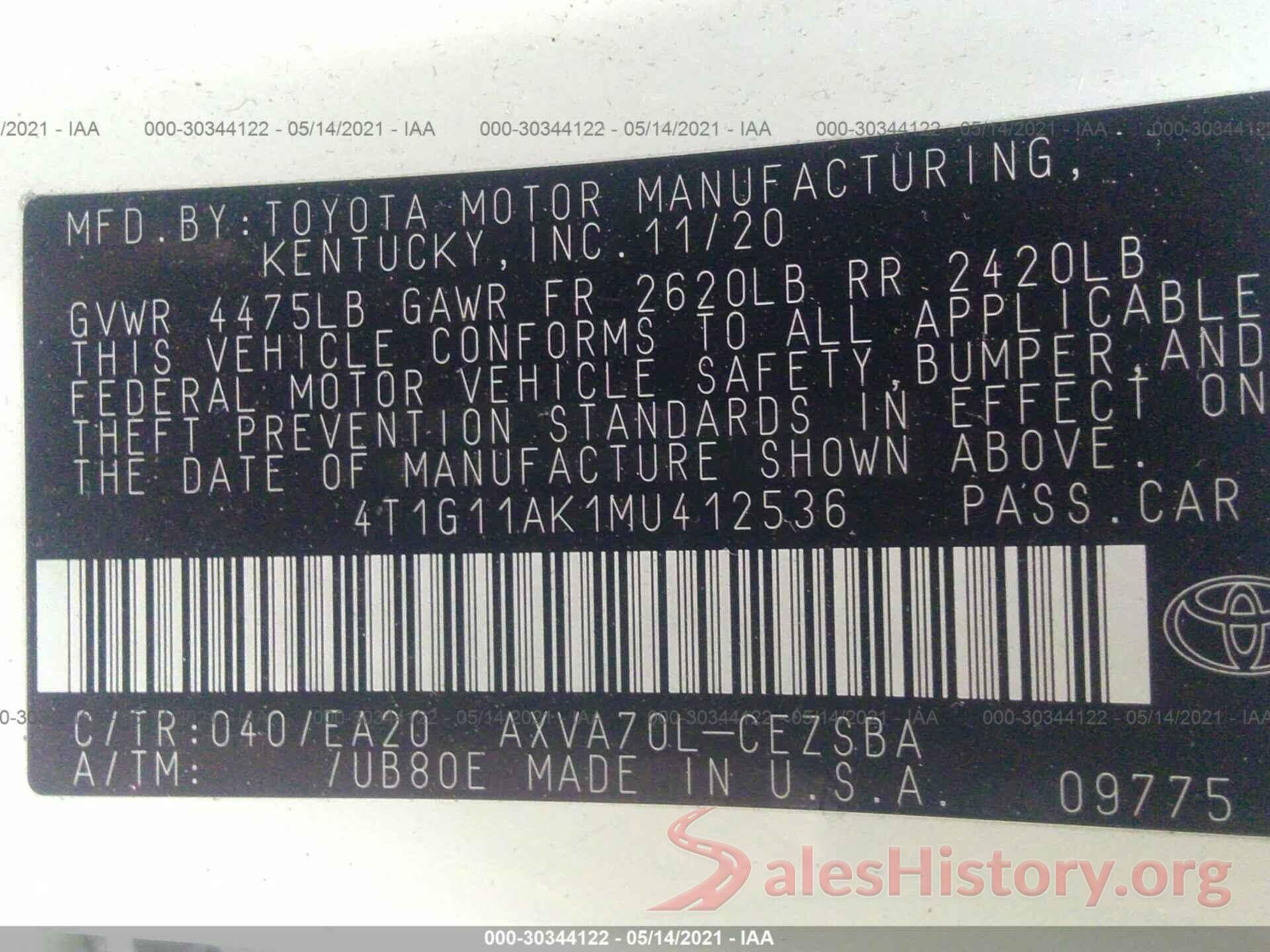 4T1G11AK1MU412536 2021 TOYOTA CAMRY