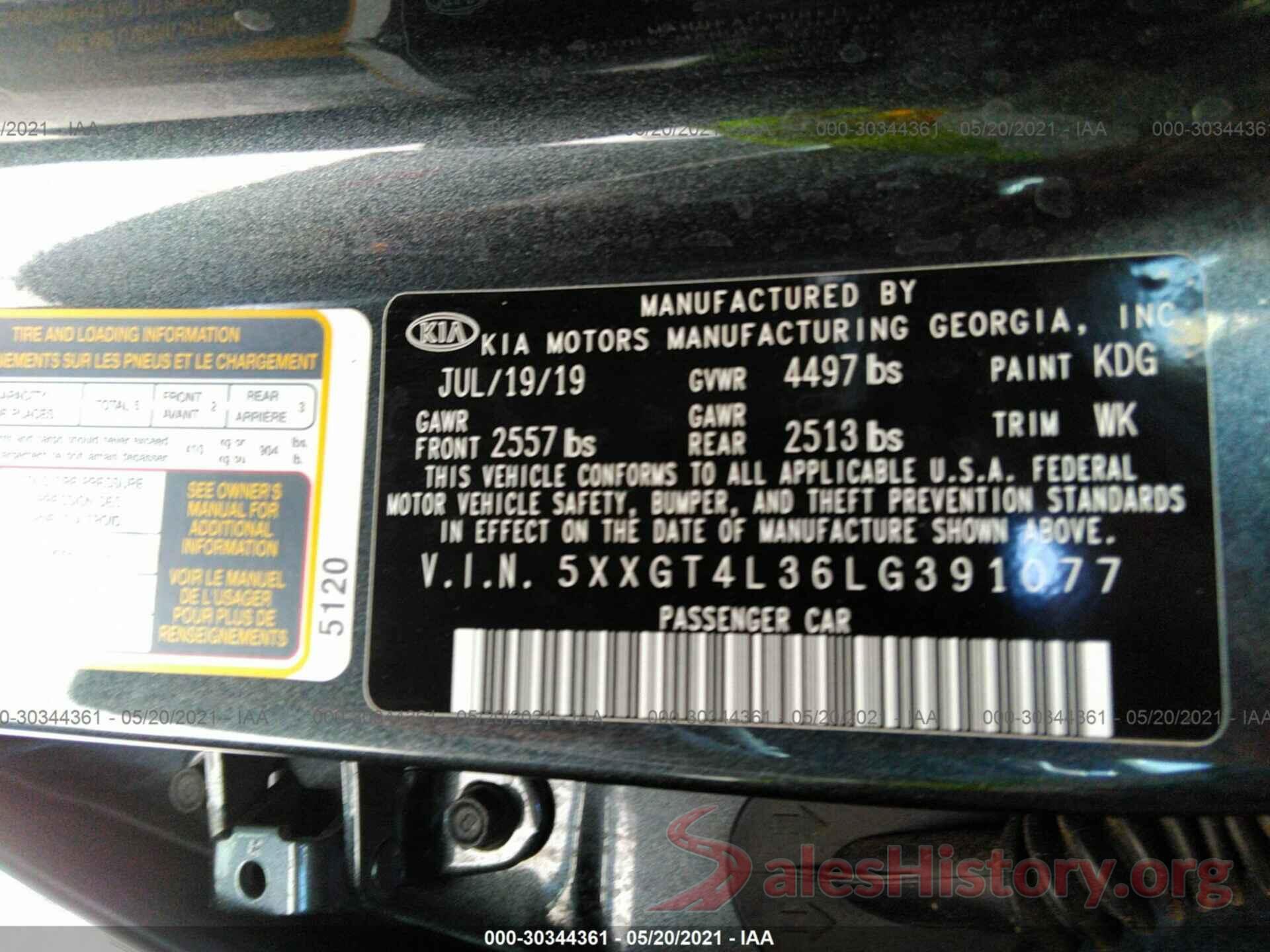 5XXGT4L36LG391077 2020 KIA OPTIMA