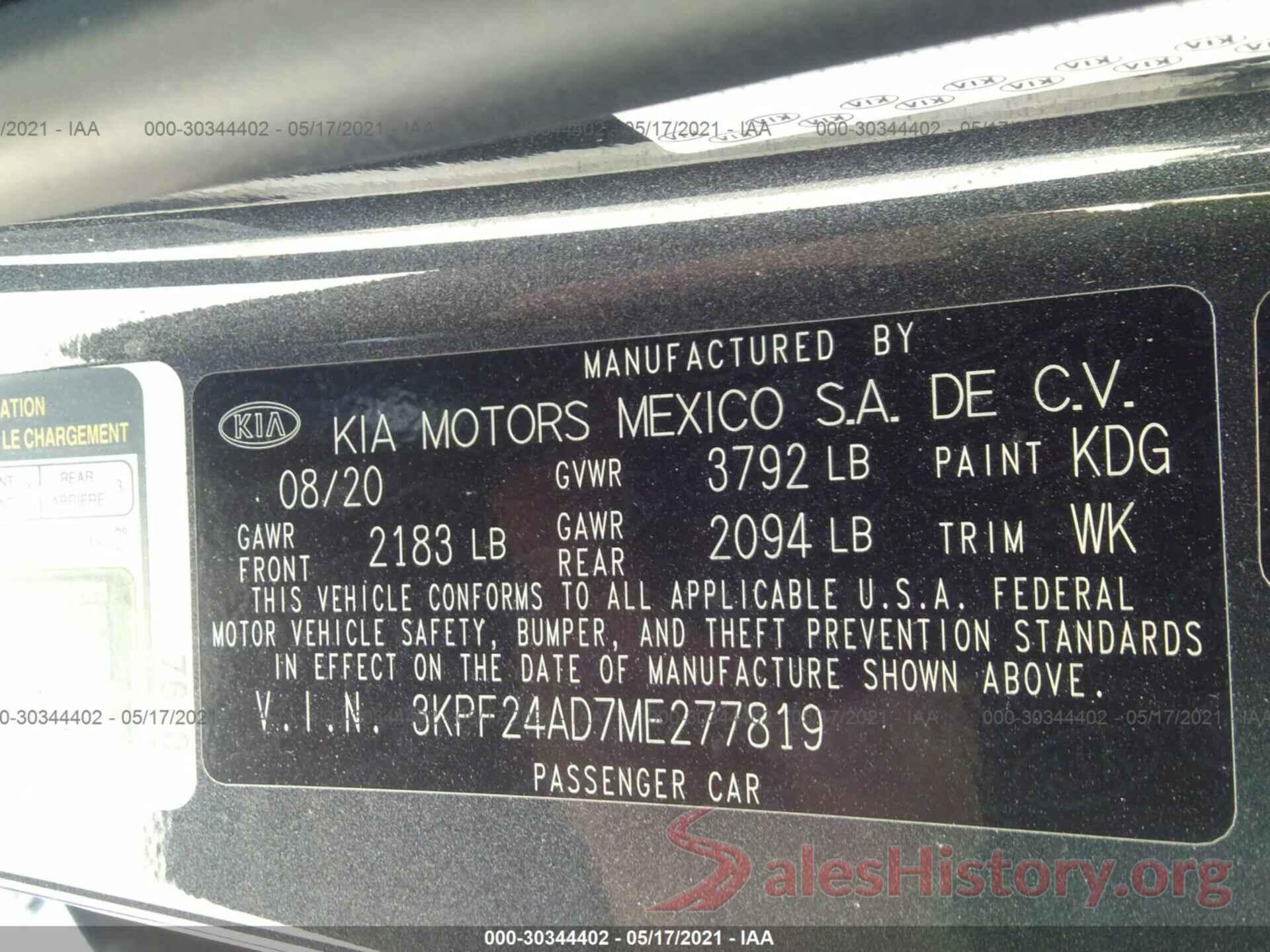 3KPF24AD7ME277819 2021 KIA FORTE