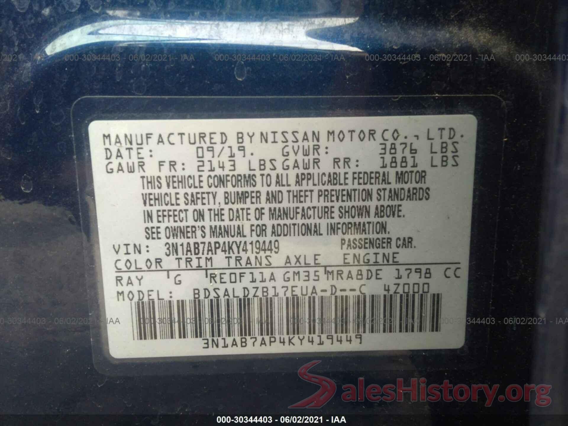 3N1AB7AP4KY419449 2019 NISSAN SENTRA