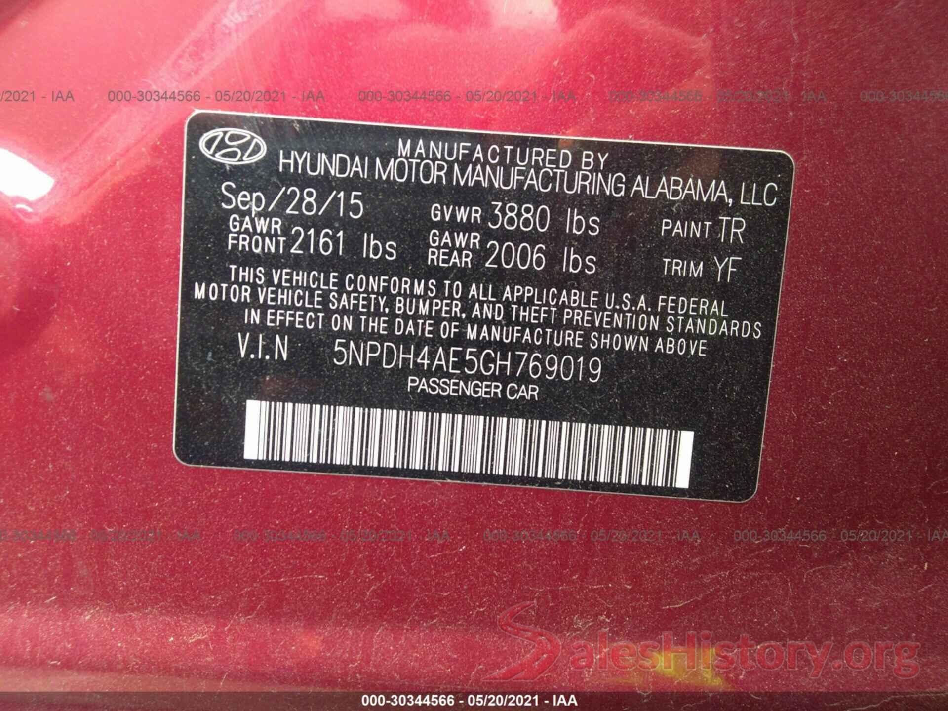 5NPDH4AE5GH769019 2016 HYUNDAI ELANTRA