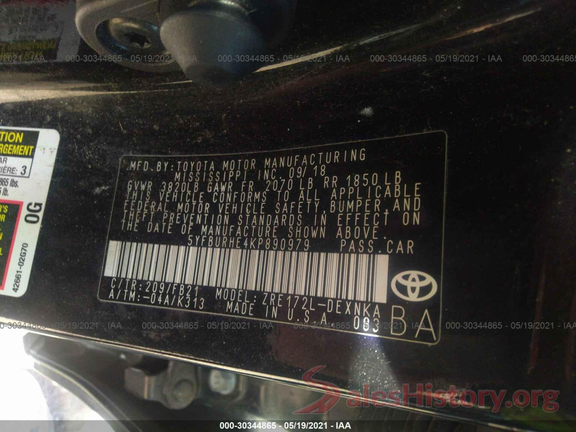 5YFBURHE4KP890979 2019 TOYOTA COROLLA