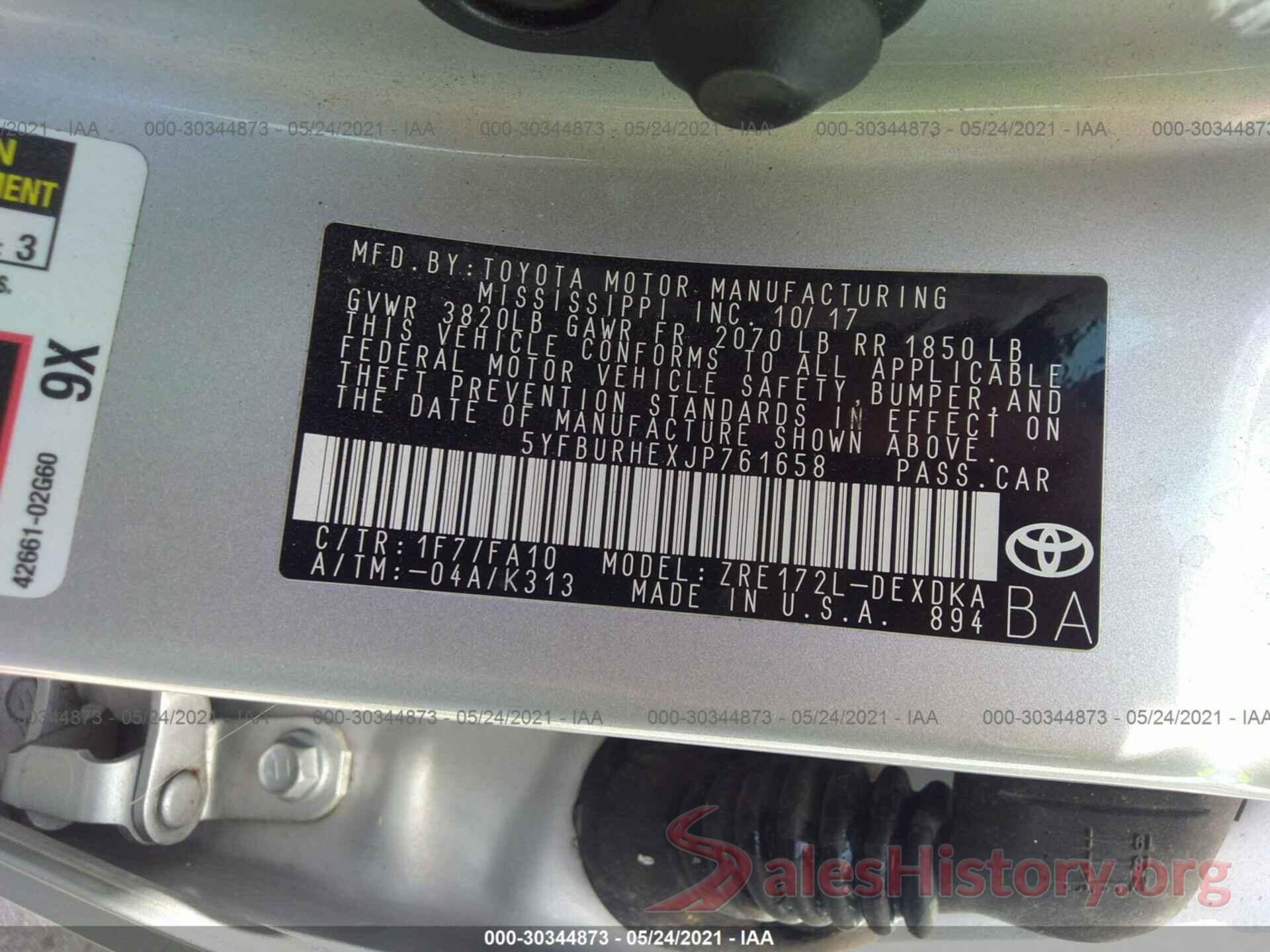 5YFBURHEXJP761658 2018 TOYOTA COROLLA