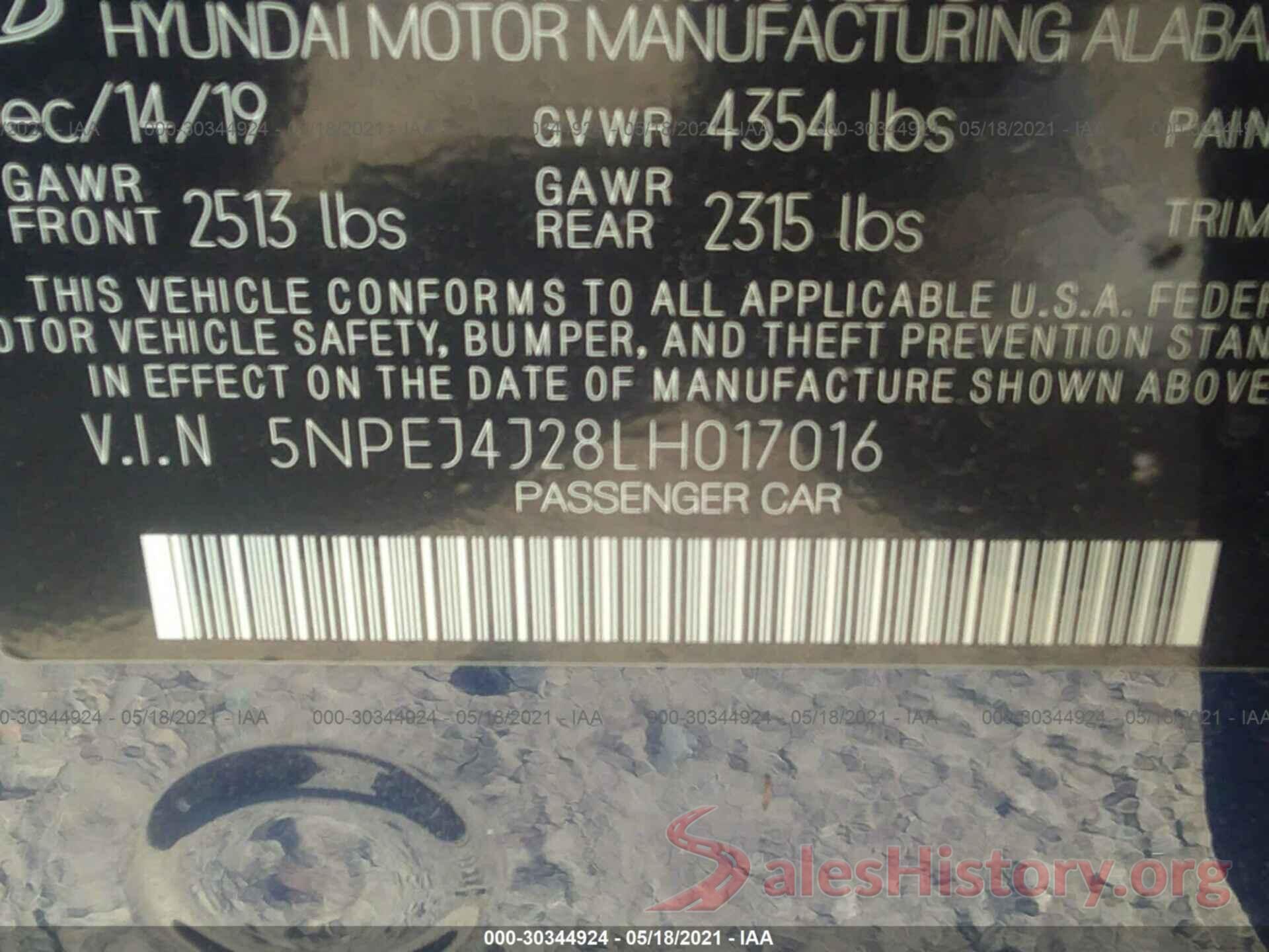 5NPEJ4J28LH017016 2020 HYUNDAI SONATA