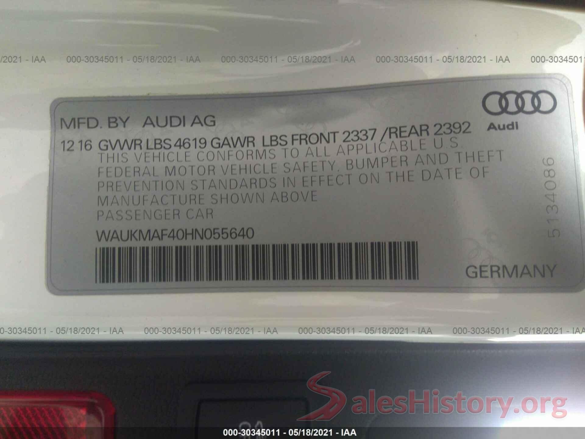 WAUKMAF40HN055640 2017 AUDI A4