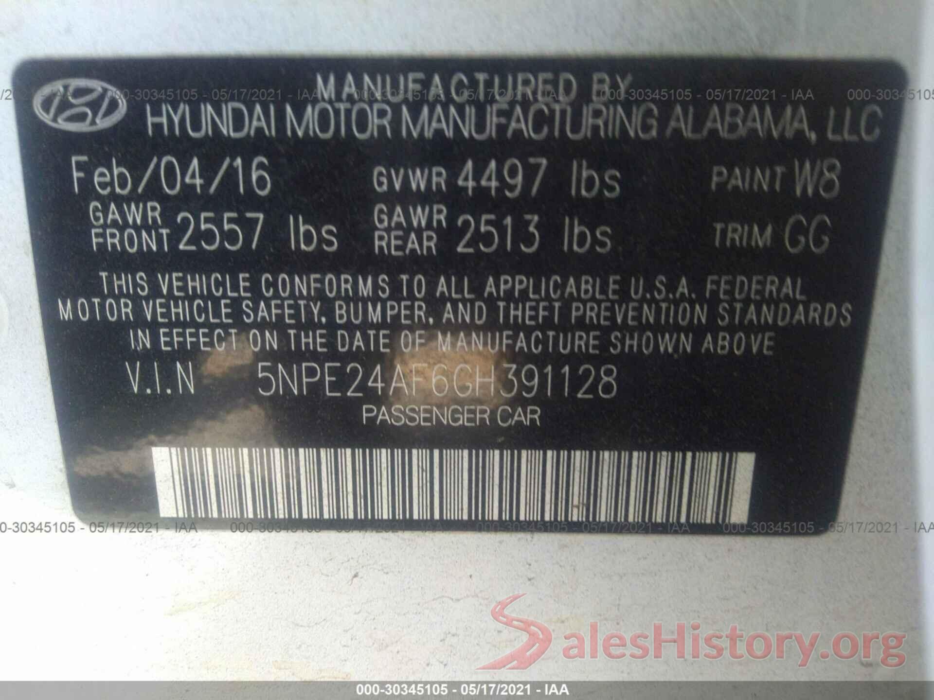 5NPE24AF6GH391128 2016 HYUNDAI SONATA