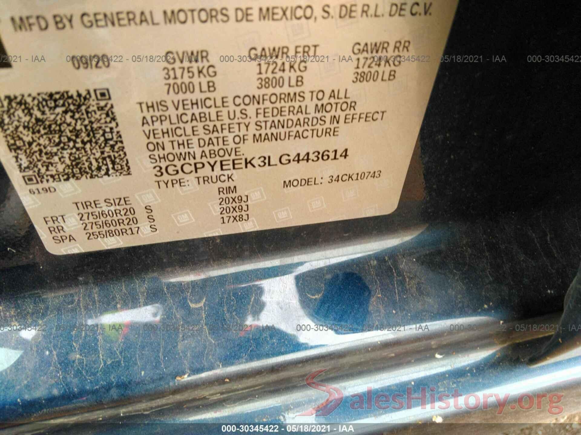 3GCPYEEK3LG443614 2020 CHEVROLET SILVERADO 1500