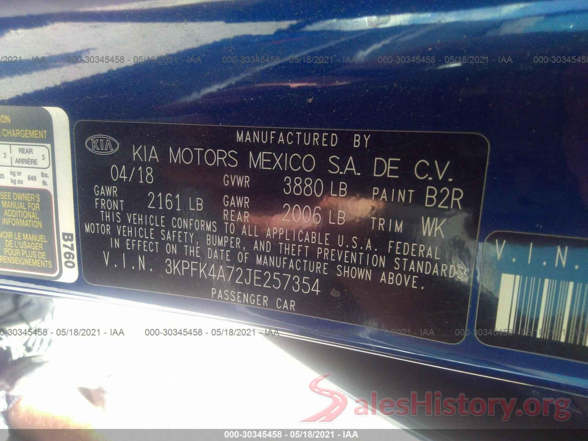 3KPFK4A72JE257354 2018 KIA FORTE