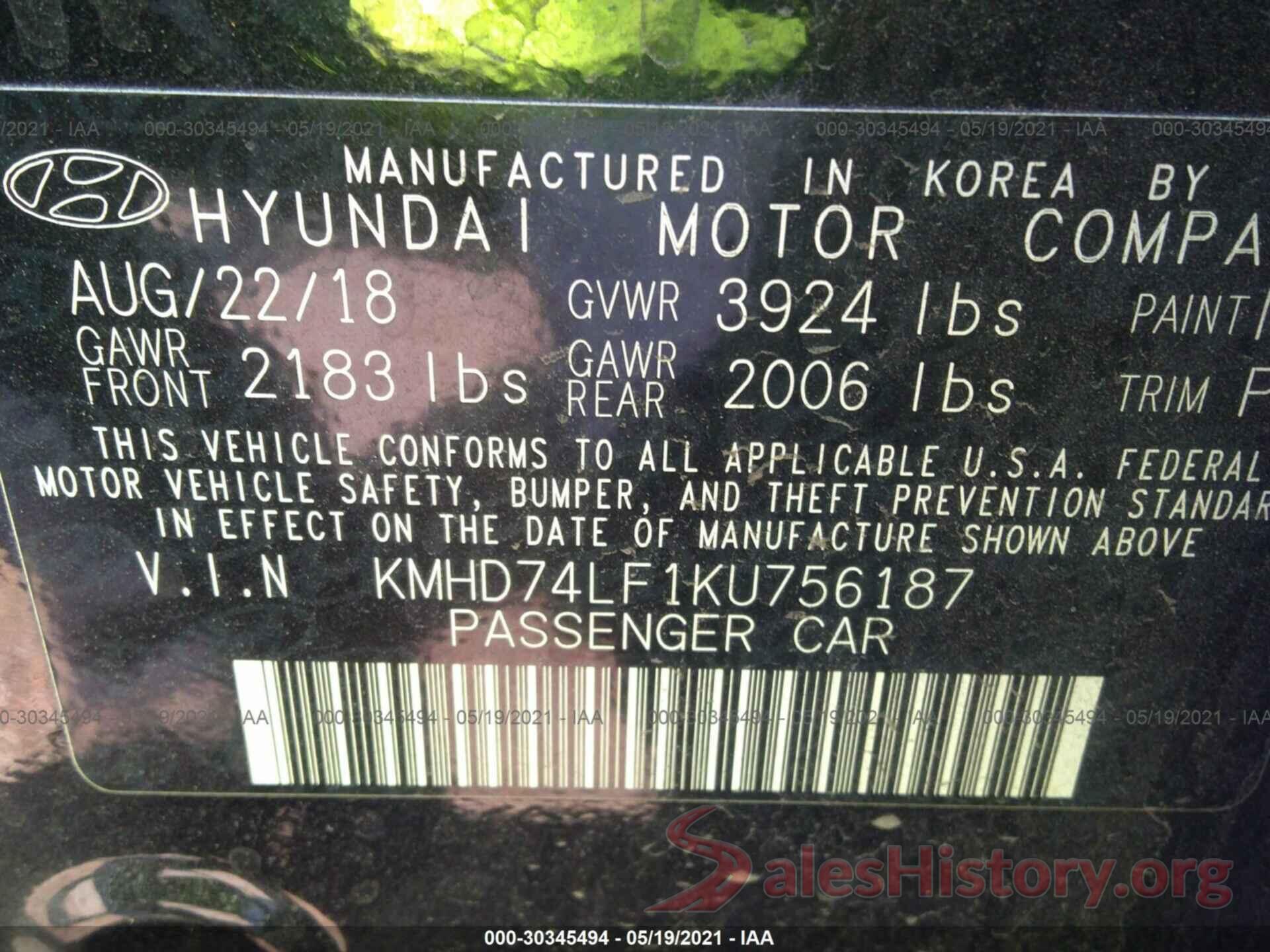 KMHD74LF1KU756187 2019 HYUNDAI ELANTRA