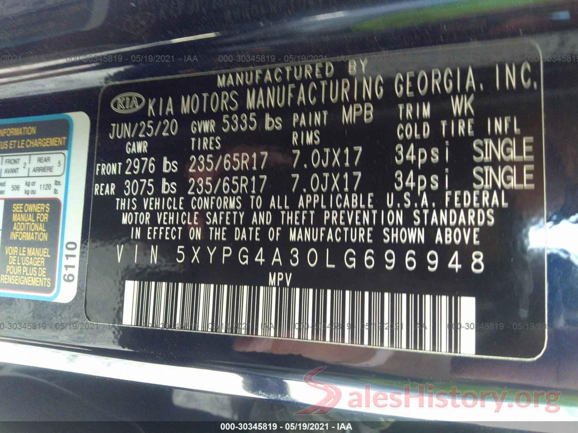 5XYPG4A30LG696948 2020 KIA SORENTO