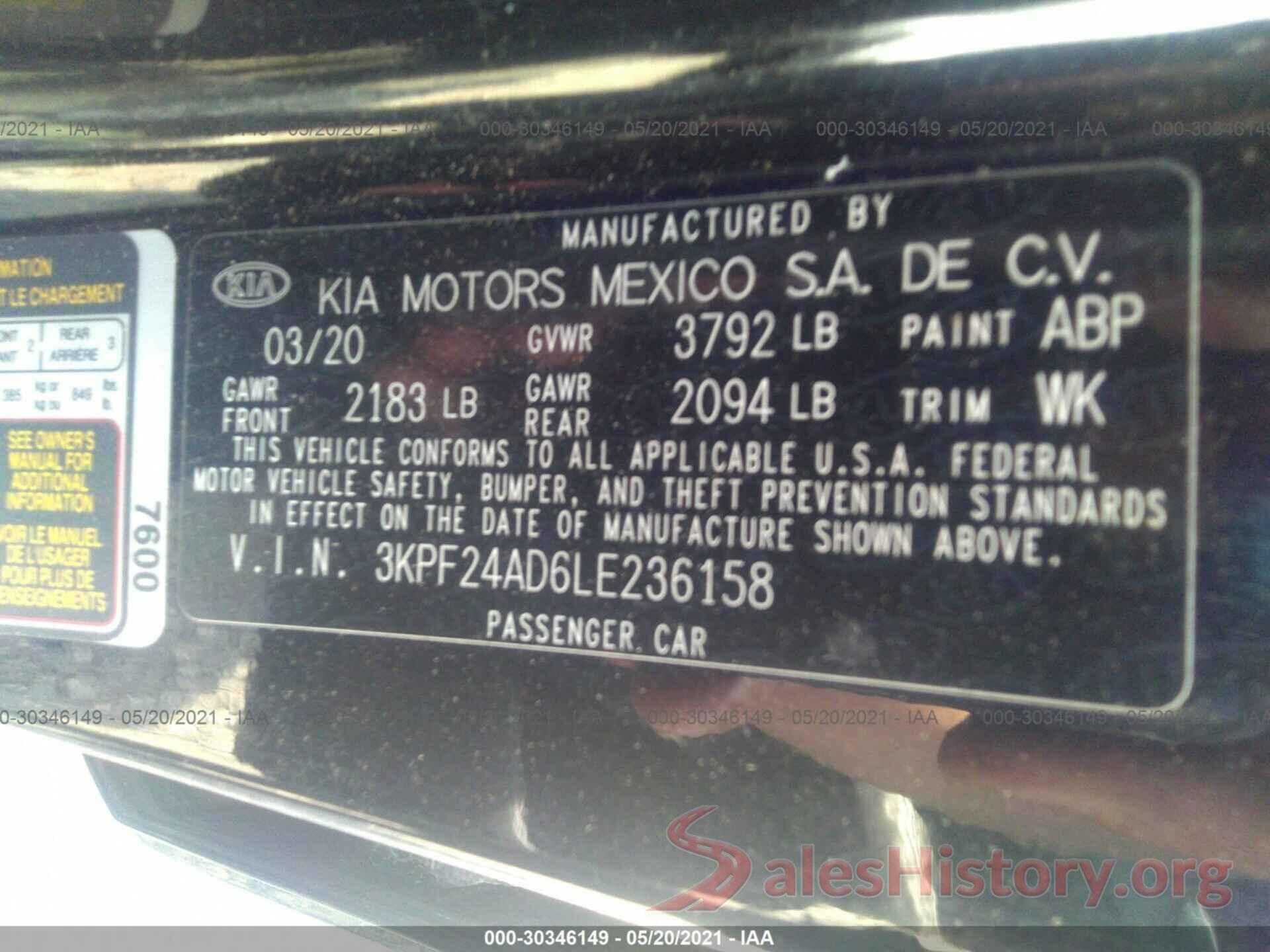 3KPF24AD6LE236158 2020 KIA FORTE