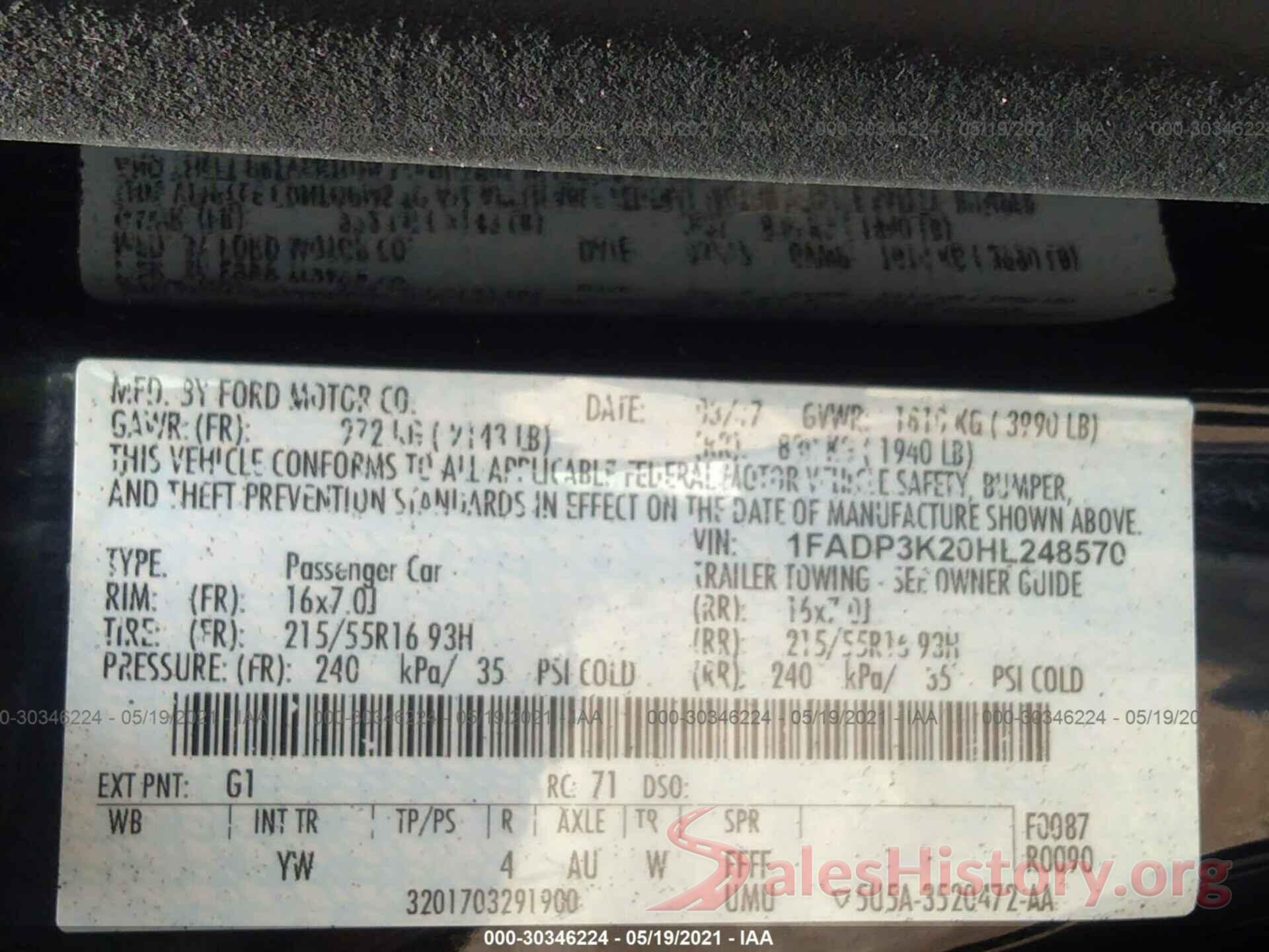 1FADP3K20HL248570 2017 FORD FOCUS