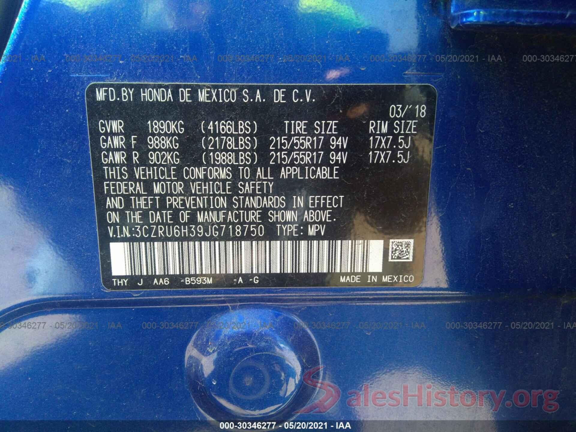 3CZRU6H39JG718750 2018 HONDA HR-V