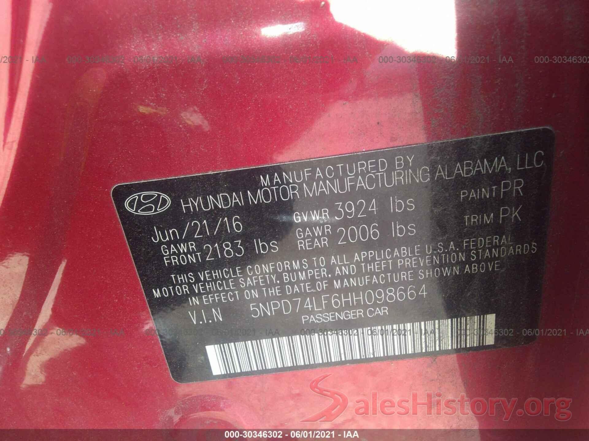 5NPD74LF6HH098664 2017 HYUNDAI ELANTRA