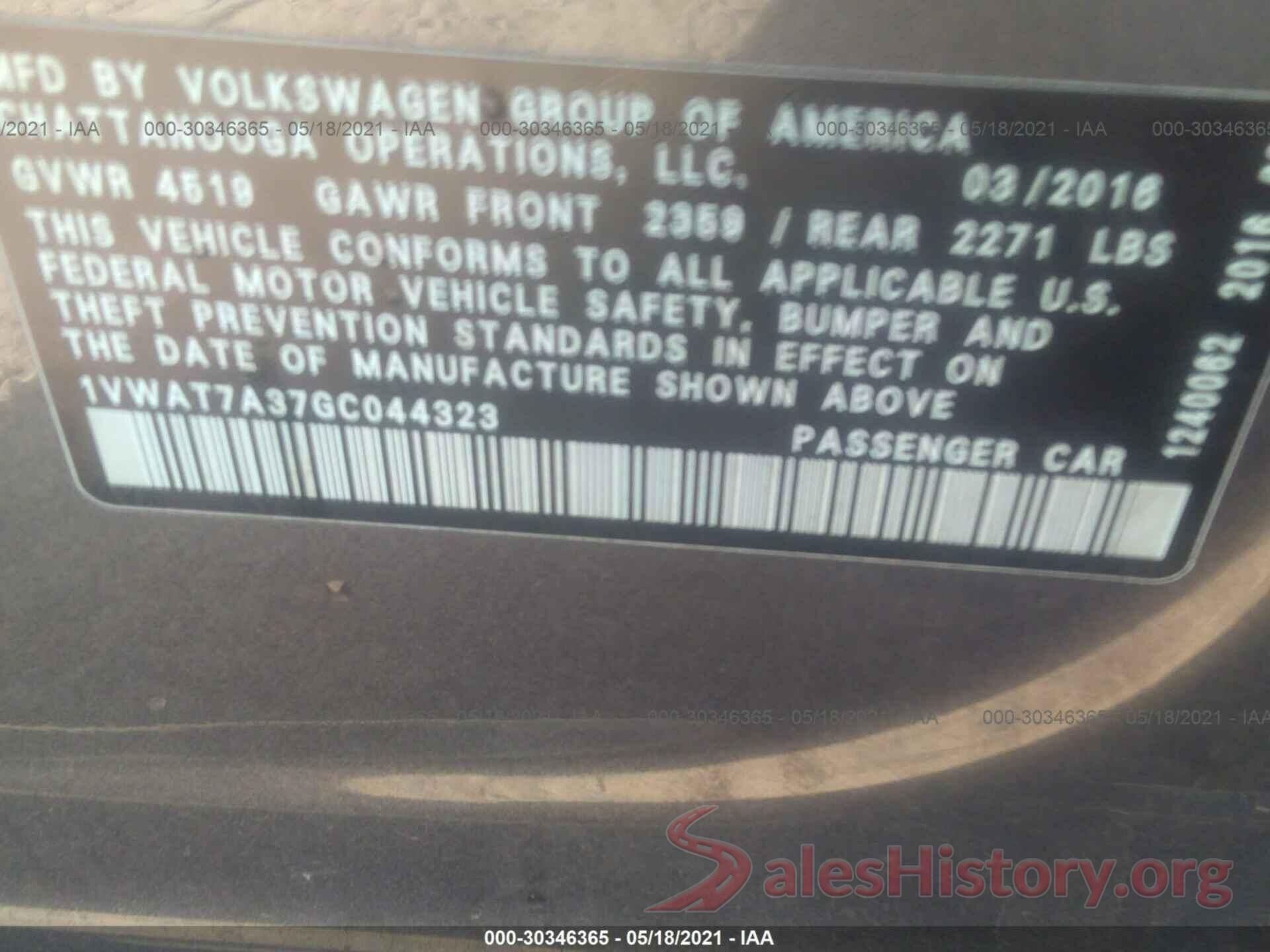 1VWAT7A37GC044323 2016 VOLKSWAGEN PASSAT